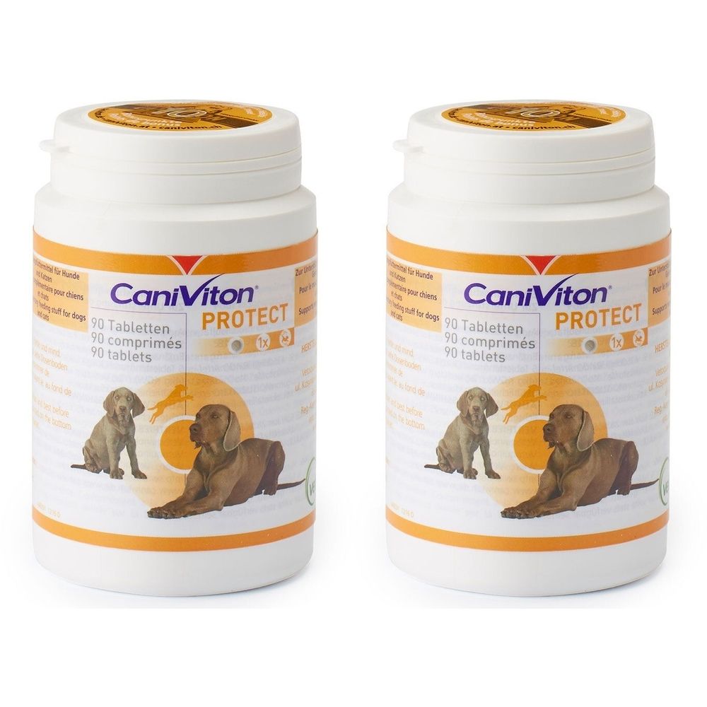 Zwei weiße Flaschen mit orangefarbenen Akzenten. Aufschrift: CaniViton PROTECT. Abbildung von zwei Hunden. Deckel mit goldfarbenem Muster.