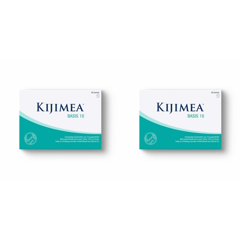 Zwei weiße Schachteln mit der Aufschrift Kijimea Basis 10. Türkisfarbene Wellenform und Logo auf der Vorderseite.