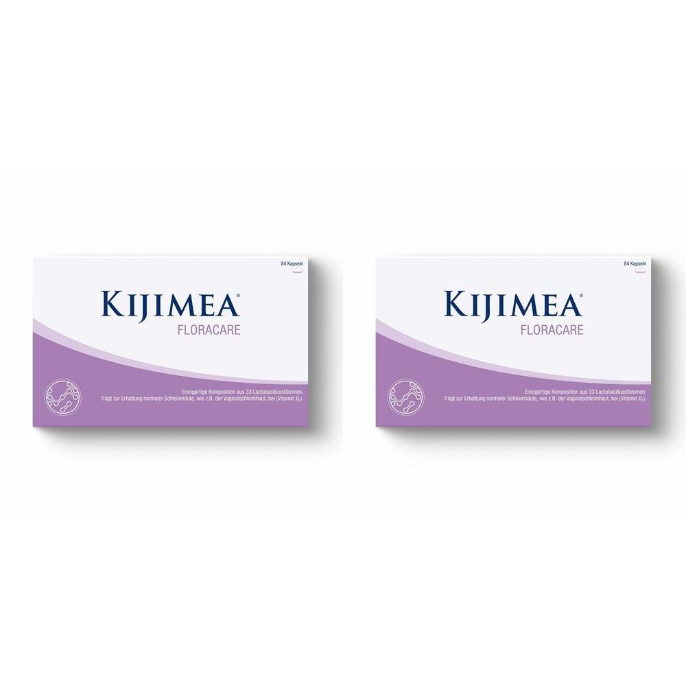 Zwei rechteckige Packungen mit der Aufschrift Kijimea FloraCare. Lila und weiße Farbgebung. Logo mit floralem Muster.