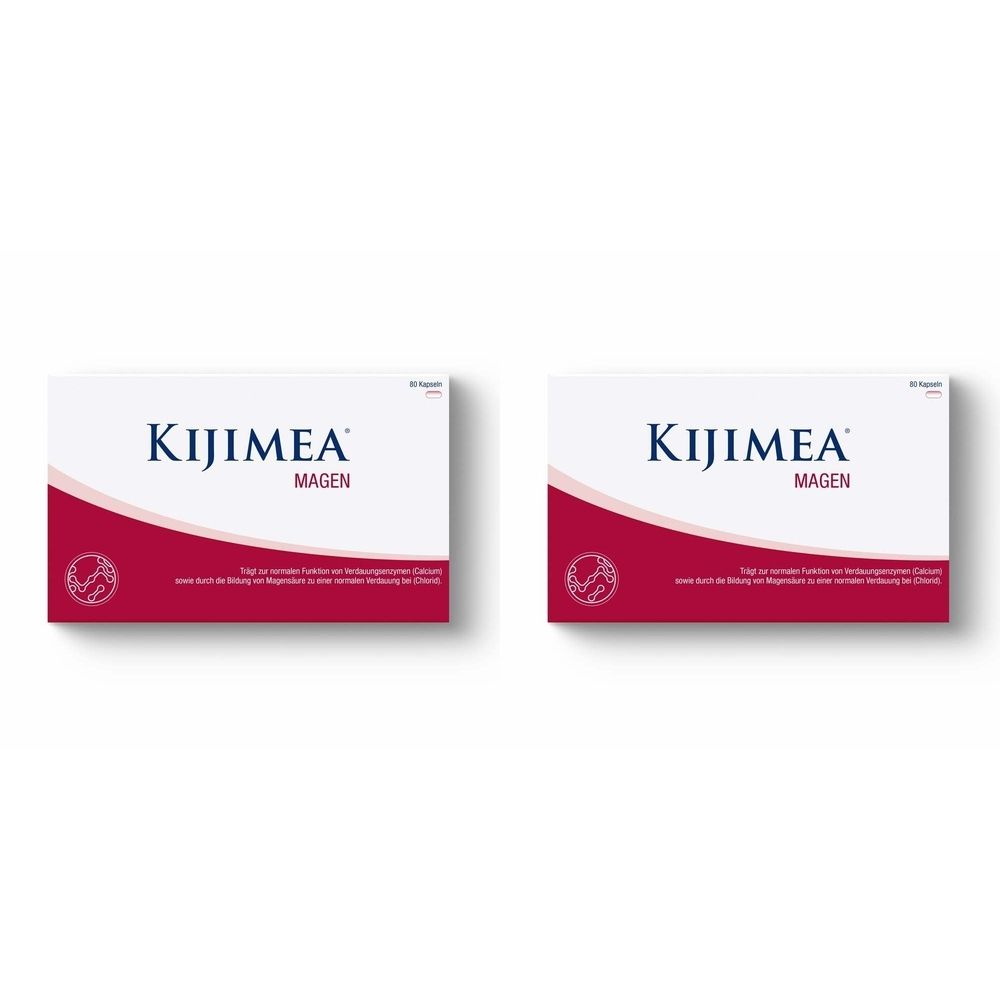Zwei rechteckige Packungen mit der Aufschrift KIJIMEA Magen. Weißer Hintergrund, roter Streifen unten. Logo und Text in Blau.