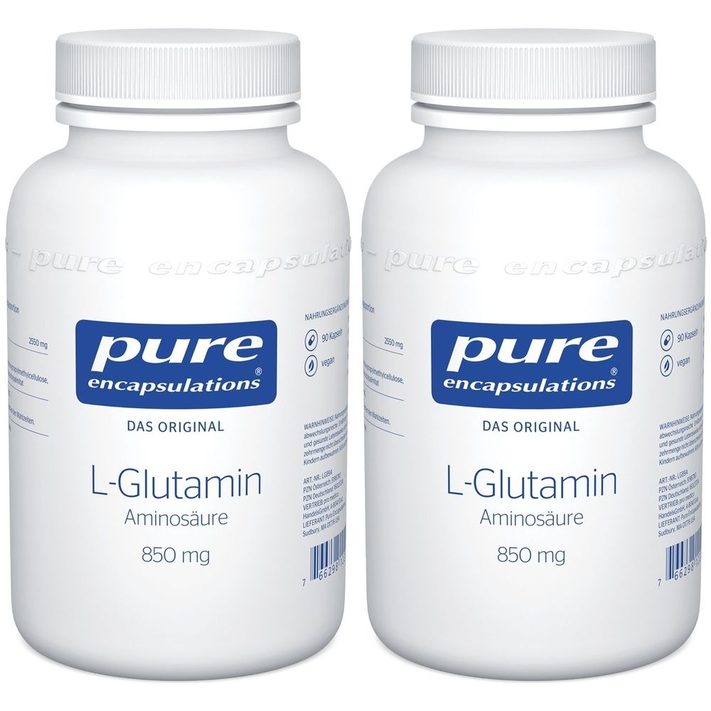 Zwei weiße Flaschen mit Etiketten. Aufschrift: pure encapsulations, L-Glutamin Aminosäure, 850 mg.