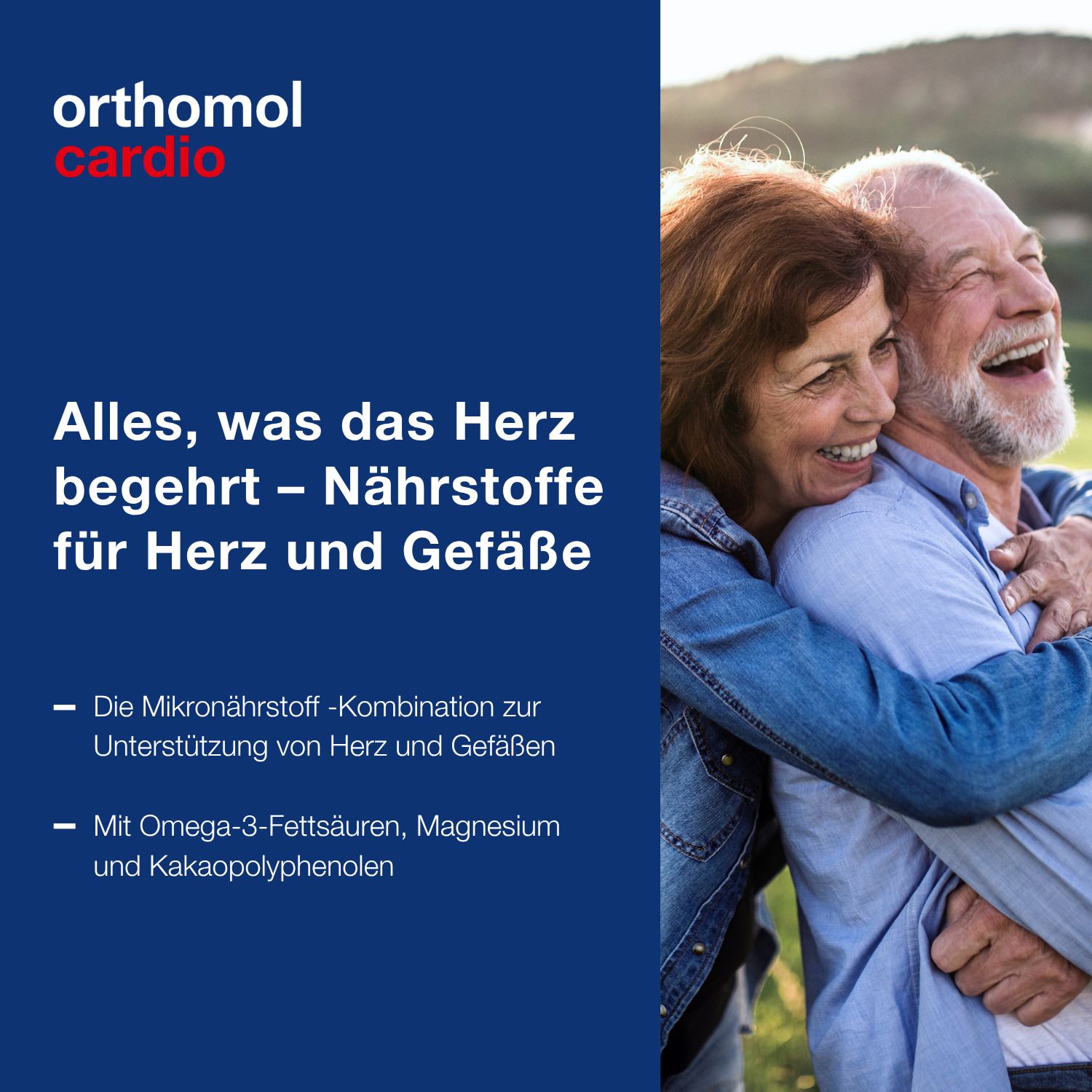 Ein älteres Paar umarmt sich lachend im Freien. Orthomol Cardio: Nährstoffe für Herz und Gefäße mit Omega-3, Magnesium, Kakaopolyphenolen.