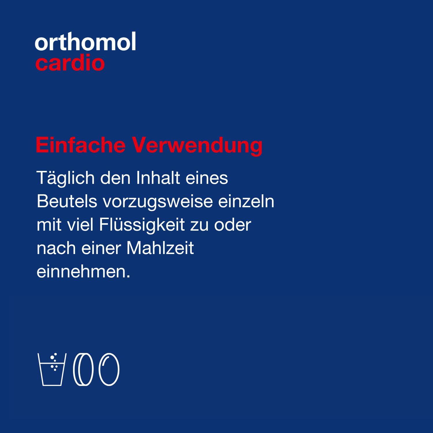 Anleitung zur einfachen Einnahme von Orthomol Cardio: Täglich den Inhalt eines Beutels mit Flüssigkeit einnehmen.
