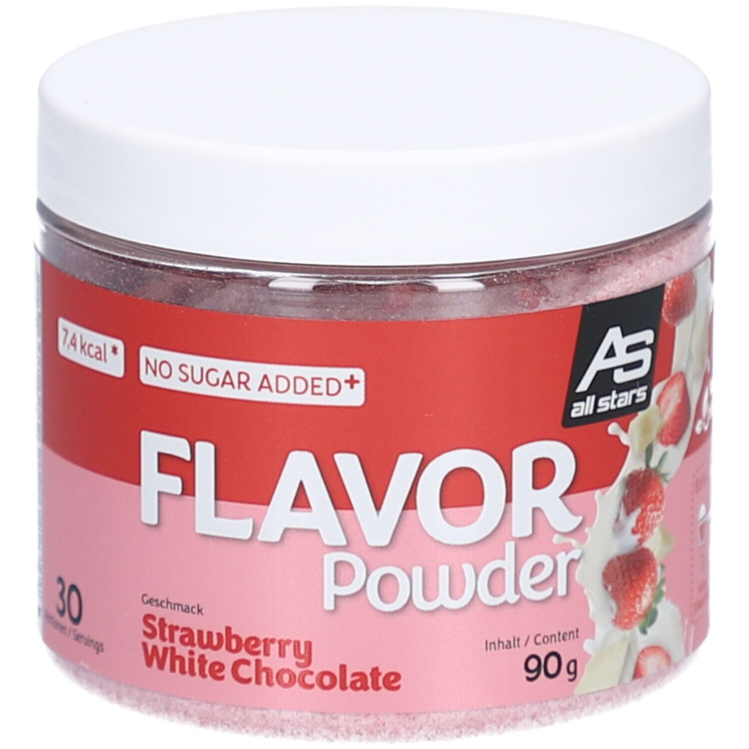 Runde Dose mit weißem Deckel. Aufschrift: Flavor Powder Strawberry White Chocolate. Inhalt 90g. AS all stars Logo.