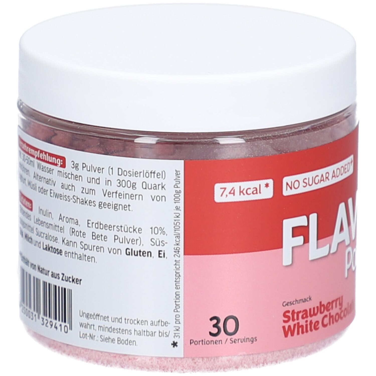 Runde Dose mit weißem Deckel. Aufschrift: Flavor Powder. Rückseite mit Nährwertangaben und Zutaten. 30 Portionen.