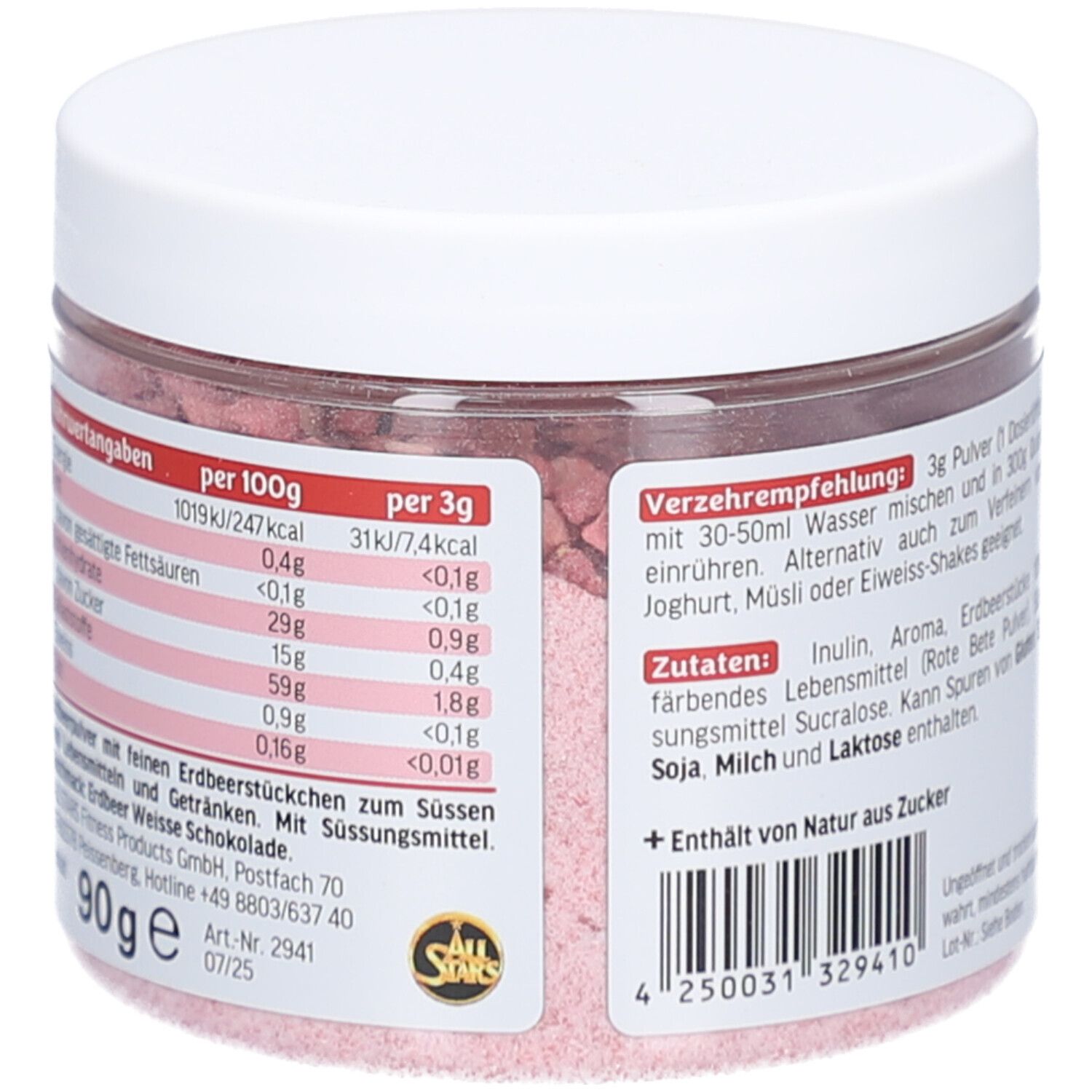 Runde Dose mit weißem Deckel. Rückseite mit Nährwertangaben und Zutaten. AS all stars Logo. Inhalt 90g.