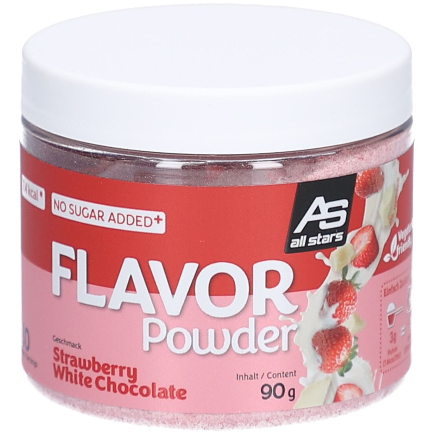 Runde Dose mit weißem Deckel. Aufschrift: Flavor Powder Strawberry White Chocolate. AS all stars Logo. 90g. 74 kcal.