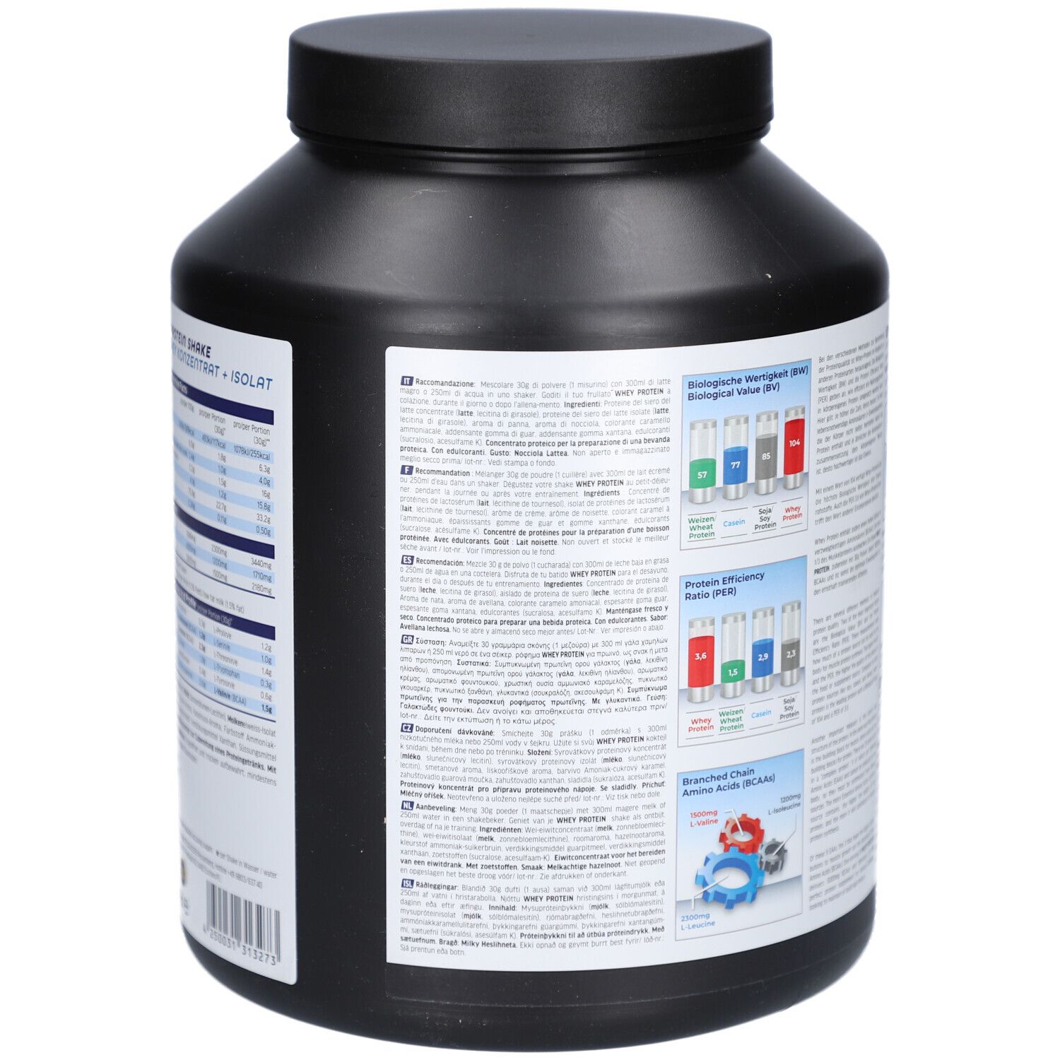 Rückseite des schwarzen Behälters. Enthält Informationen zu "WHEY PROTEIN". Mit Nährwertangaben und Inhaltsstoffen. Marke: All Stars.