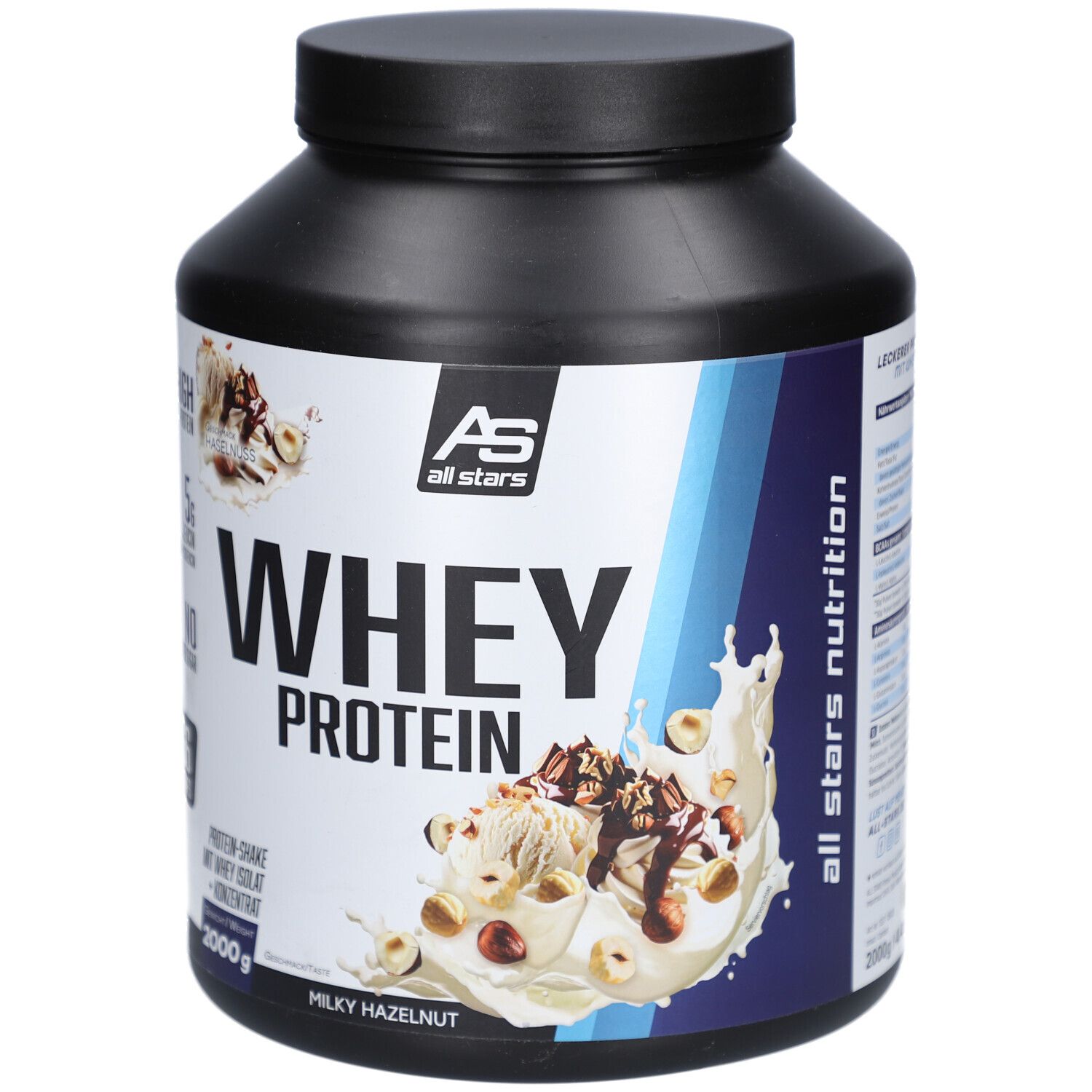 Schwarzer Behälter mit Deckel. Aufschrift "WHEY PROTEIN" und "Milky Hazelnut". Marke: All Stars. Blaue und weiße Designelemente.