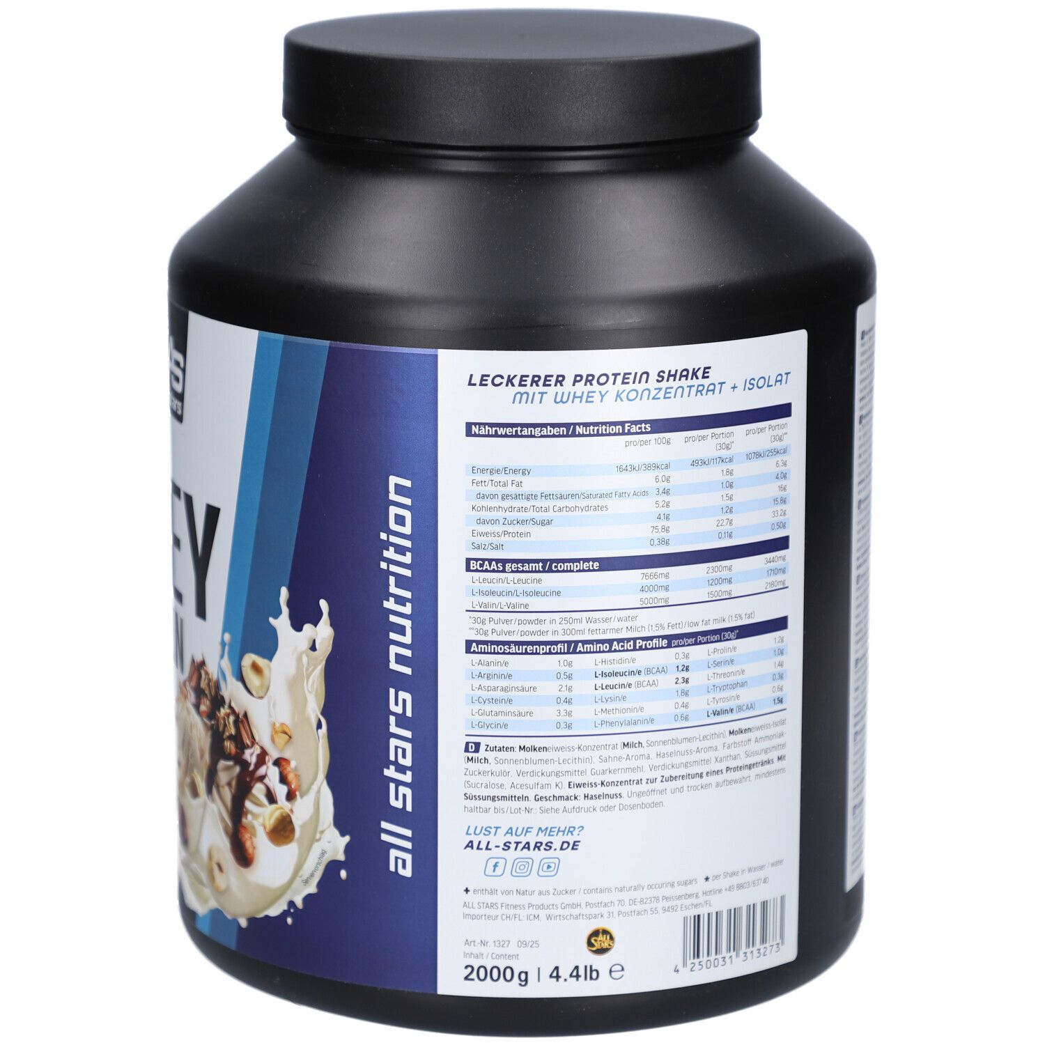 Rückseite des schwarzen Behälters. Enthält Nährwertangaben und Aminosäureprofil. Marke: All Stars Nutrition. 2000g.