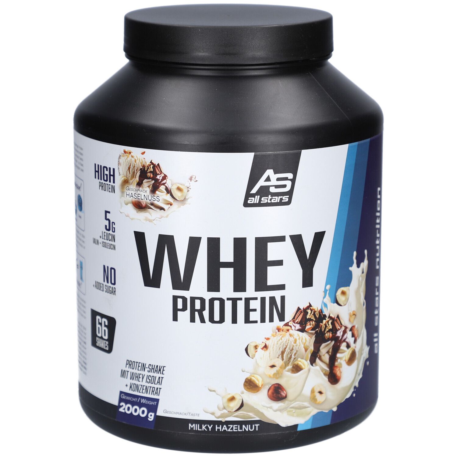 Schwarzer Behälter mit Deckel. Aufschrift "WHEY PROTEIN" und "Milky Hazelnut". Marke: All Stars. Enthält 2000g.