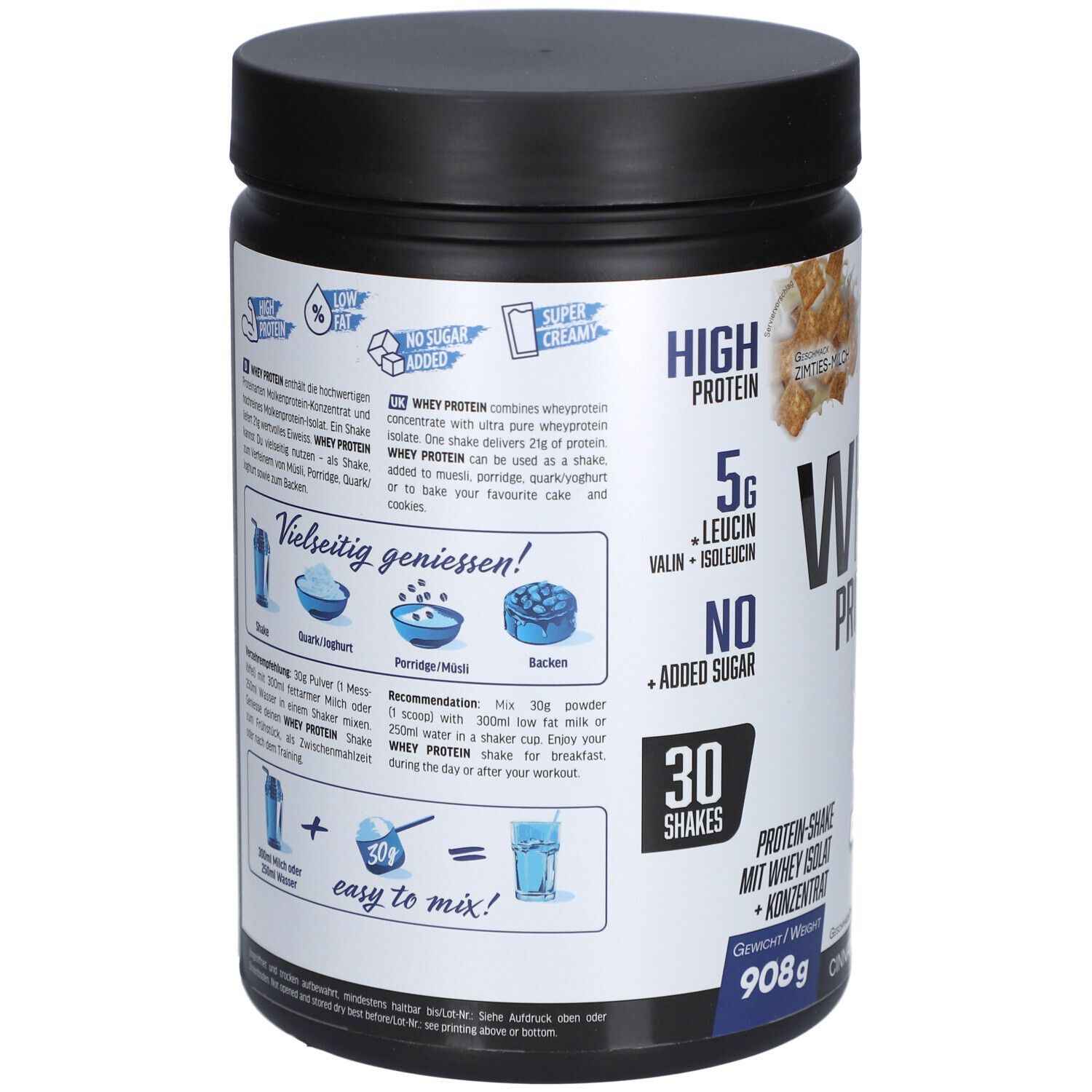 Rückseite des schwarzen Behälters. Text über die Verwendung und Inhaltsstoffe. Enthält 30 Portionen. 908g Dose.