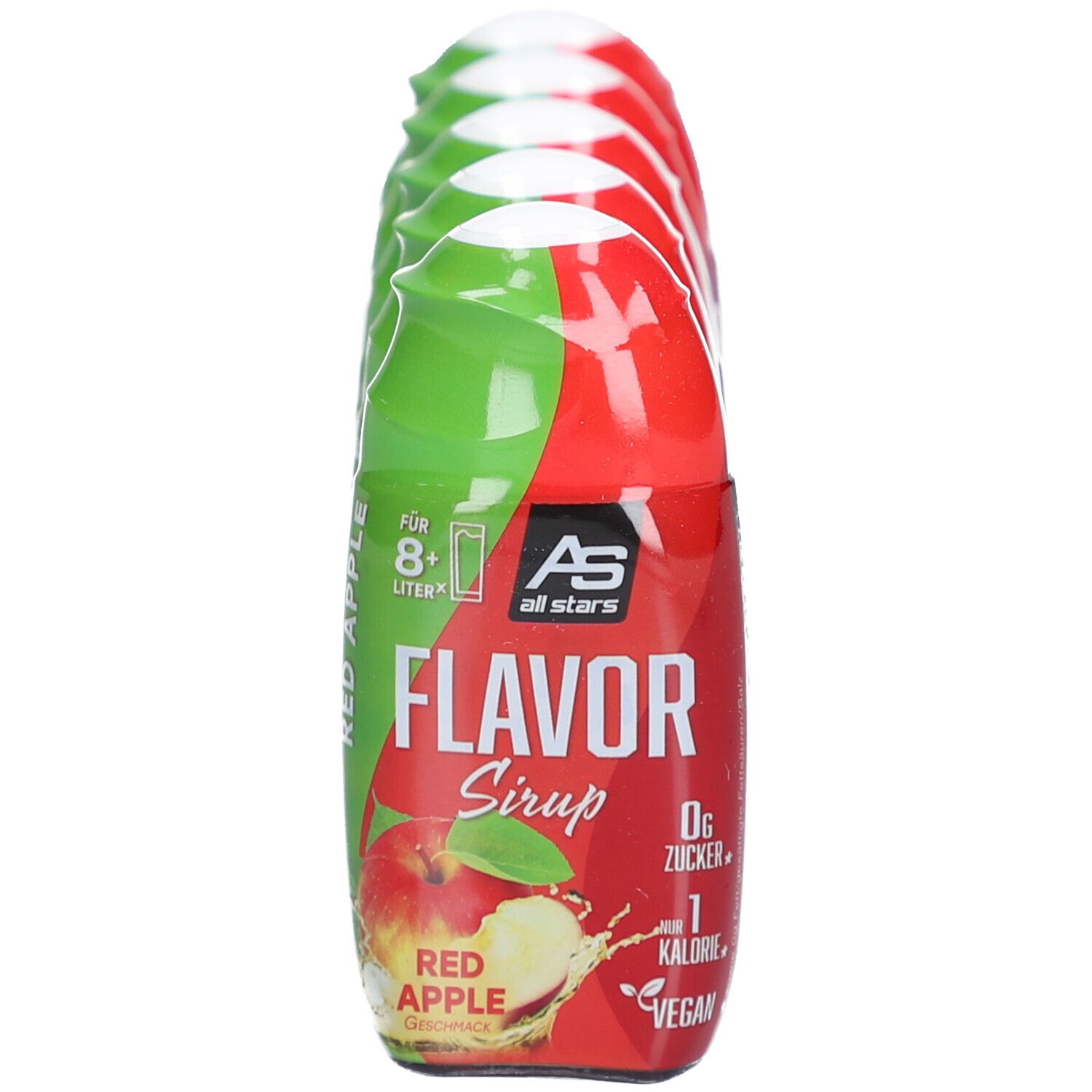 Mehrere Fläschchen mit rotem und grünem Etikett. Aufschrift: Flavor Sirup Red Apple, 0g Zucker, 1 Kalorie, Vegan.