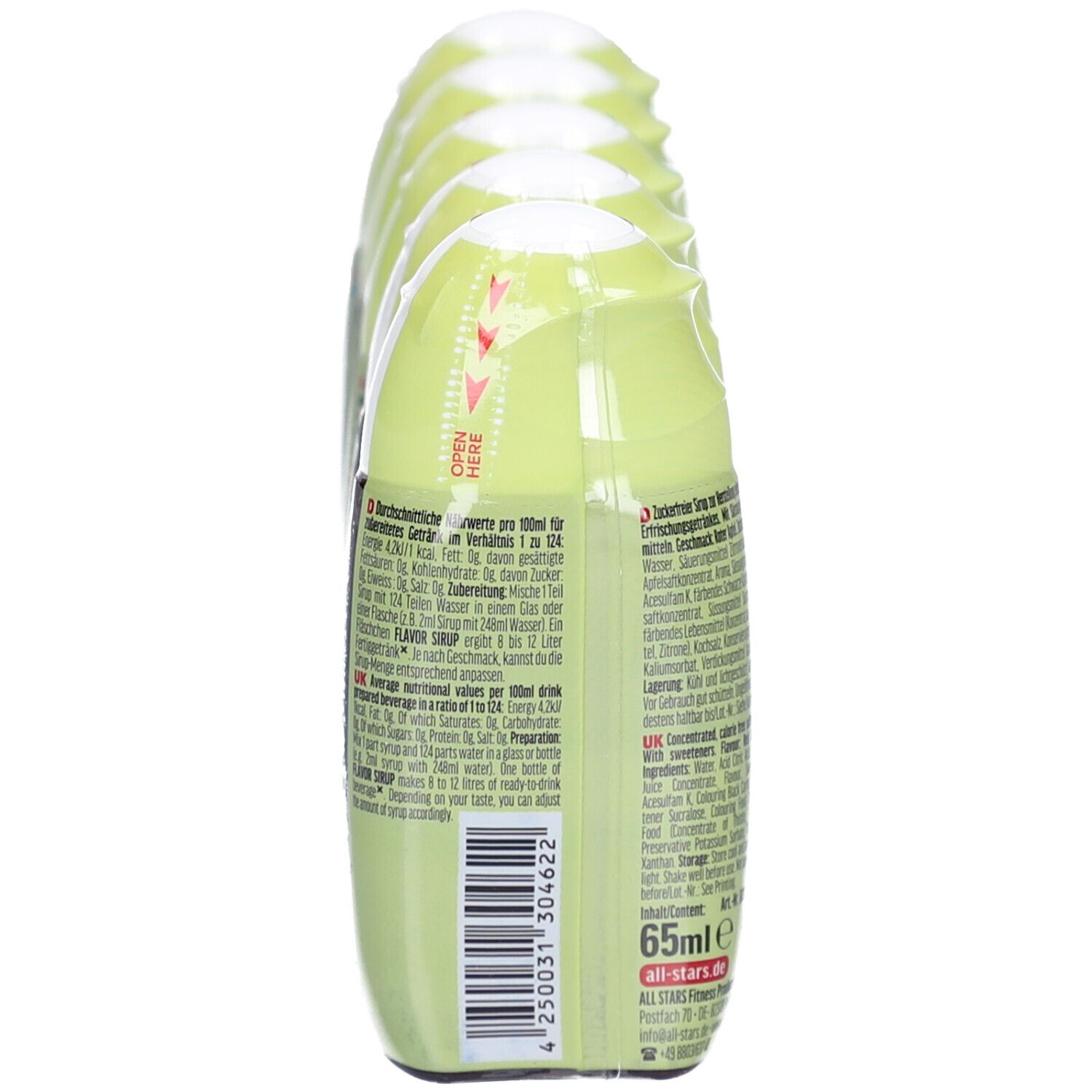 Rückseite von Fläschchen mit grünem Etikett. Text in mehreren Sprachen. Aufschrift: 65ml, all stars.