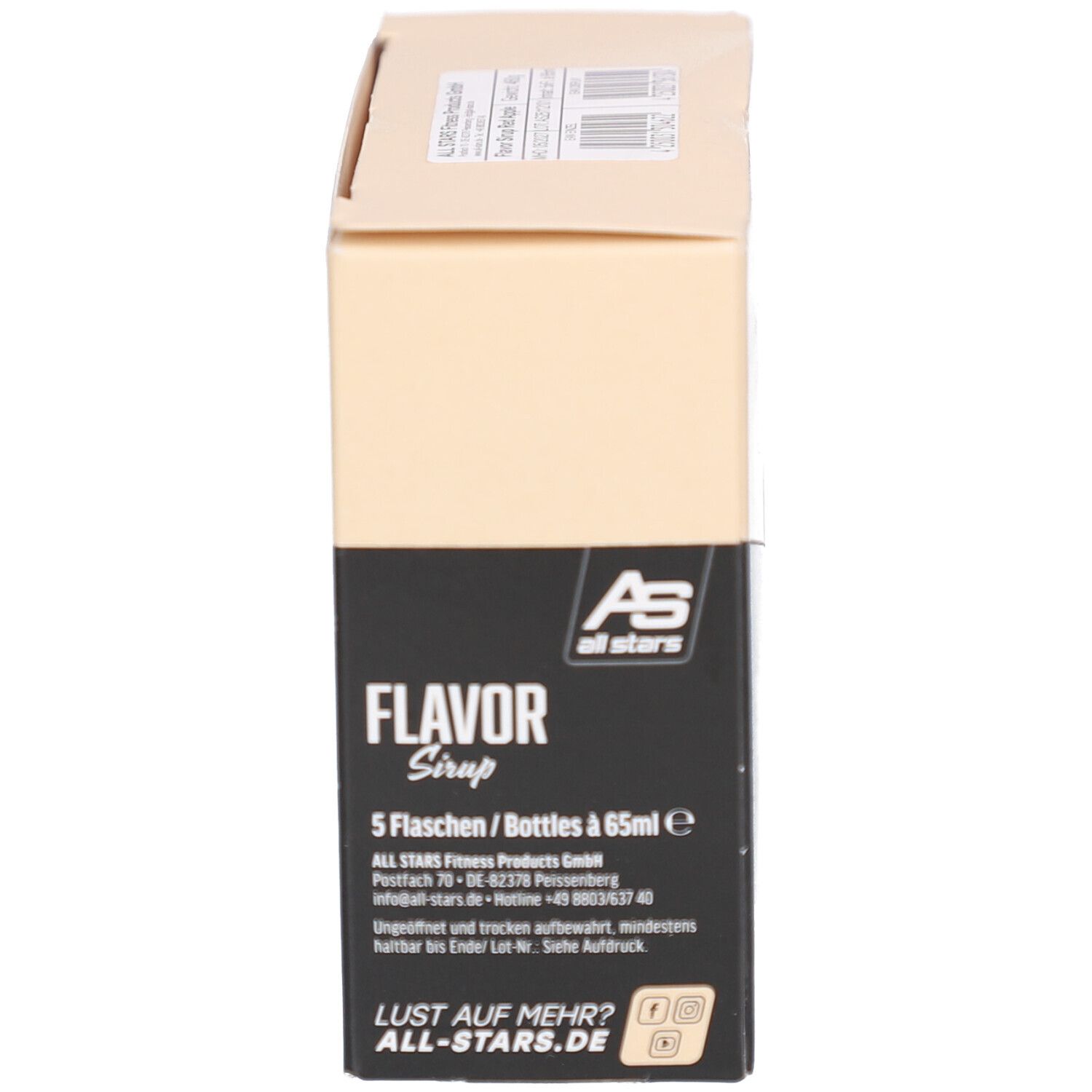 Karton mit Aufschrift: Flavor Sirup, 5 Flaschen/Bottles 65ml E. Aufschrift: all stars. Unterseite schwarz.