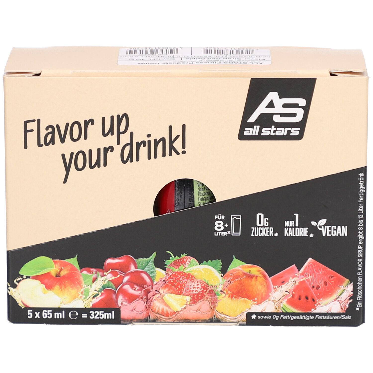 Karton mit Fläschchen. Aufschrift: Flavor up your drink! 5x65 ml. Abbildung von Früchten. Aufschrift: 0g Zucker, 1 Kalorie, Vegan.