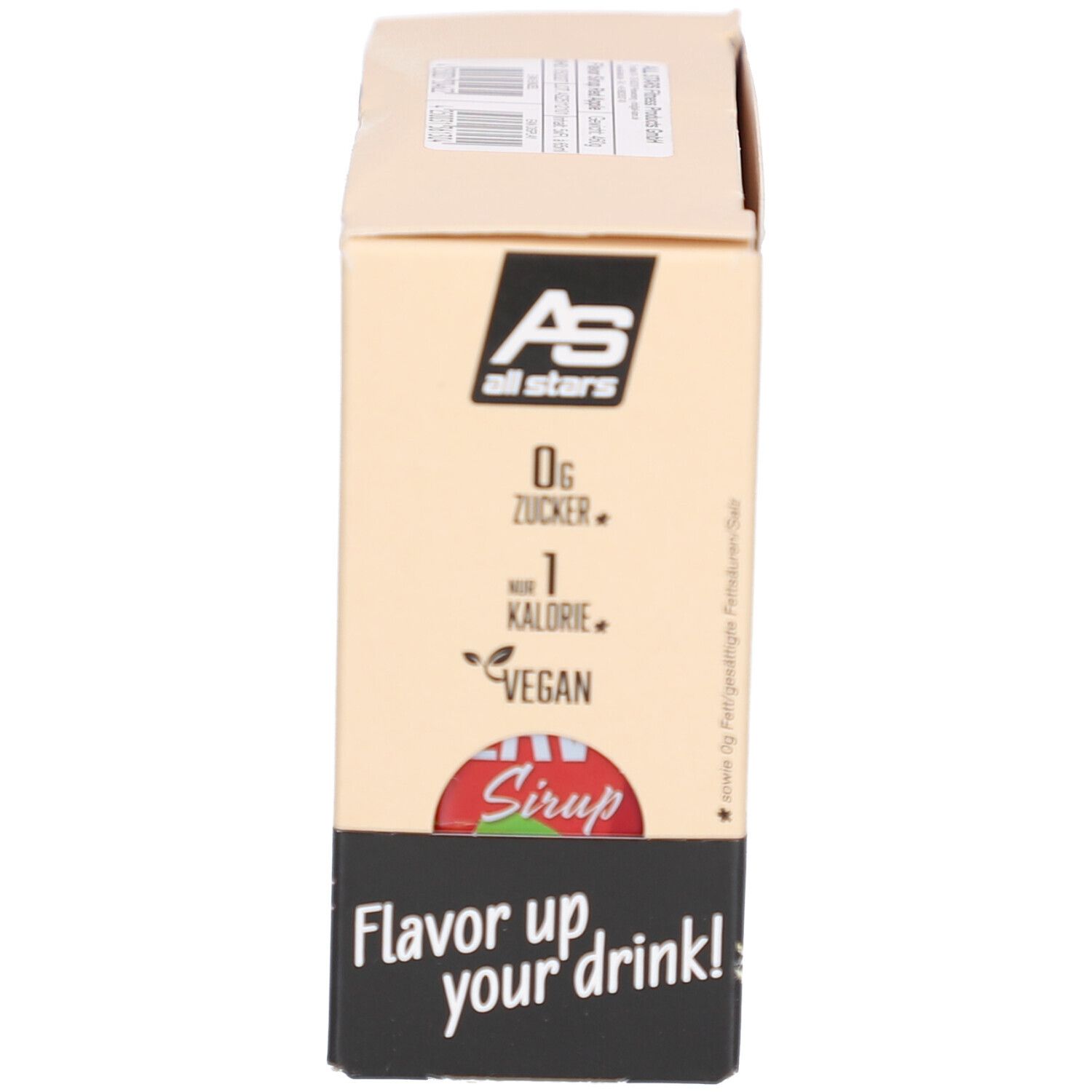 Karton mit Aufschrift: Flavor up your drink! Aufschrift: 0g Zucker, 1 Kalorie, Vegan. Fläschchen sichtbar.