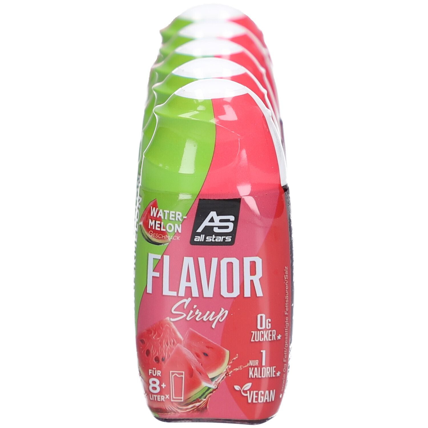 Packung mit 5 Flaschen Flavor Sirup Watermelon. Grüne und rote Flaschen mit Produktinformationen und Logo.