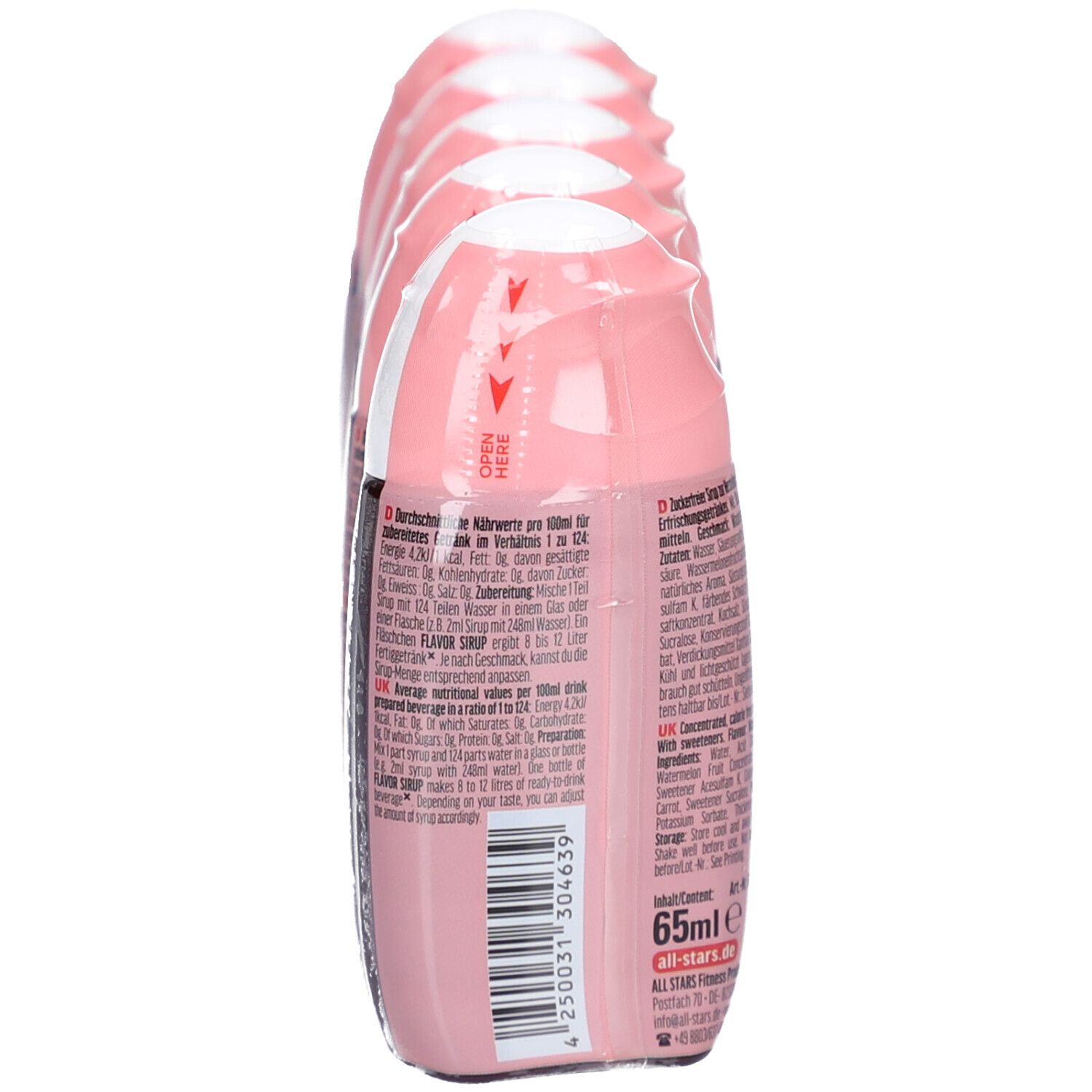 5 Flaschen Flavor Sirup in Folienverpackung. Pinke Flaschen mit Produktinformationen und Öffnungshinweis.