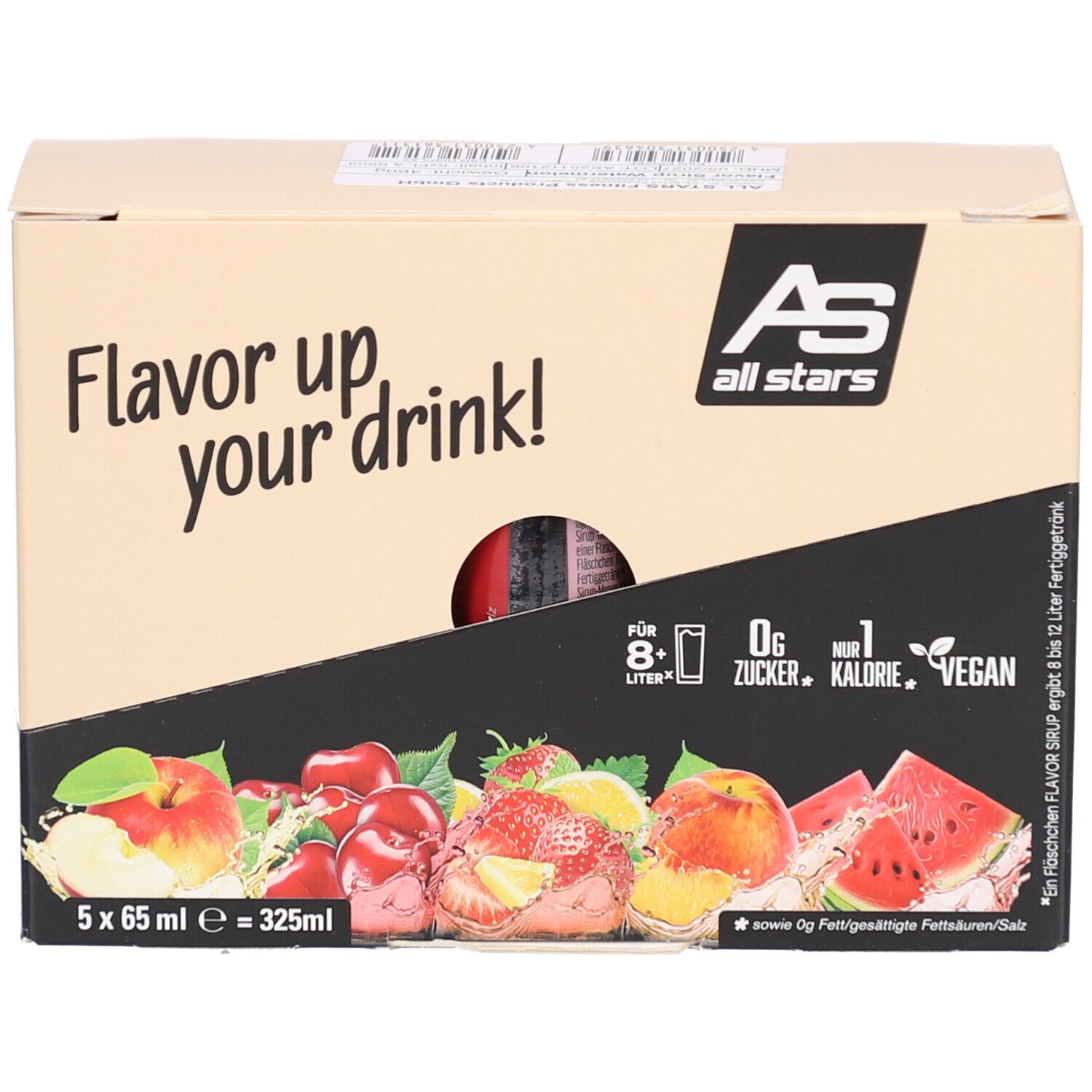 Karton mit 5 Flaschen Flavor Sirup. Logo, Produktinformationen und Abbildung von Früchten auf dem Karton.