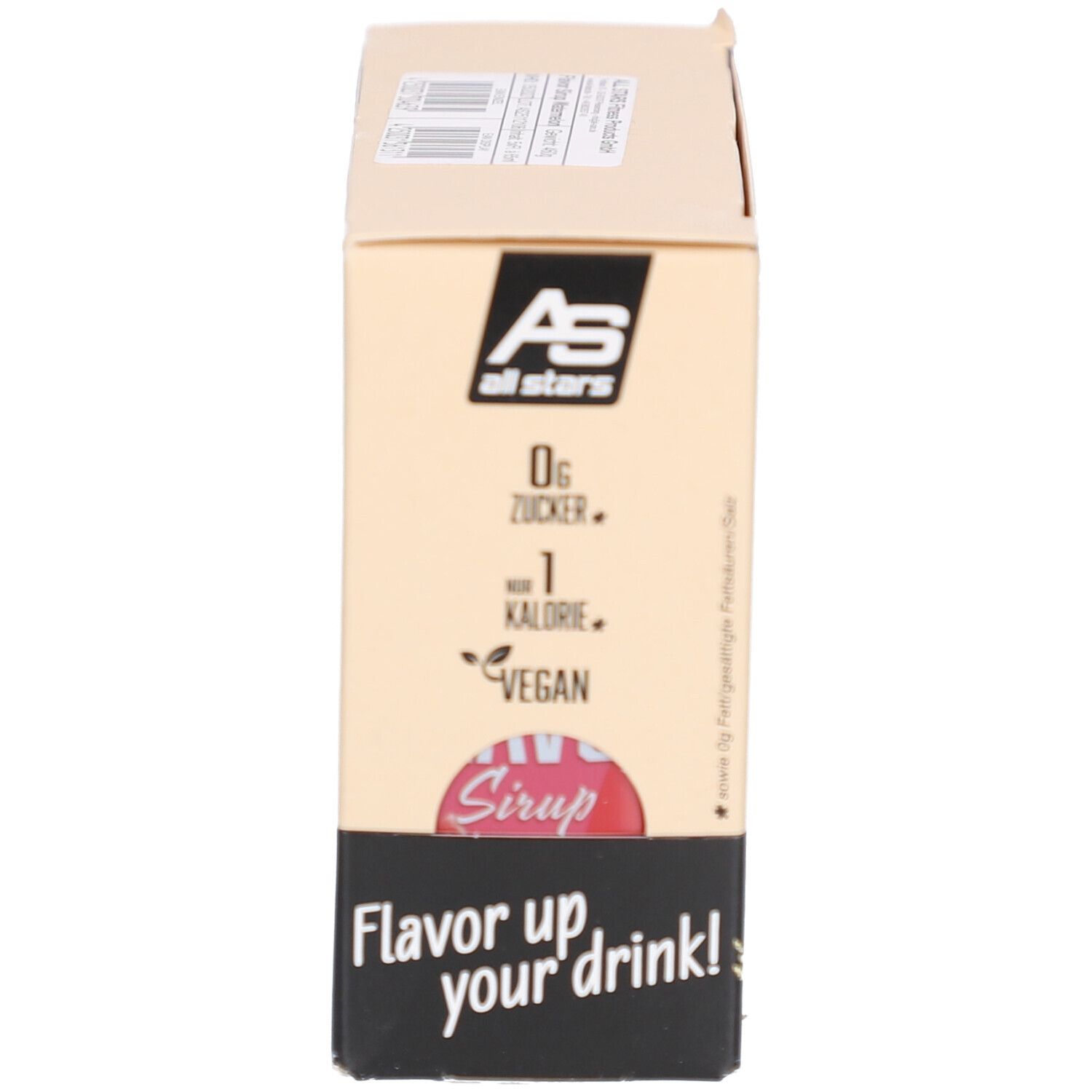Produktverpackung mit 5 Flaschen Flavor Sirup. Karton mit Logo, Produktinformationen und Text.