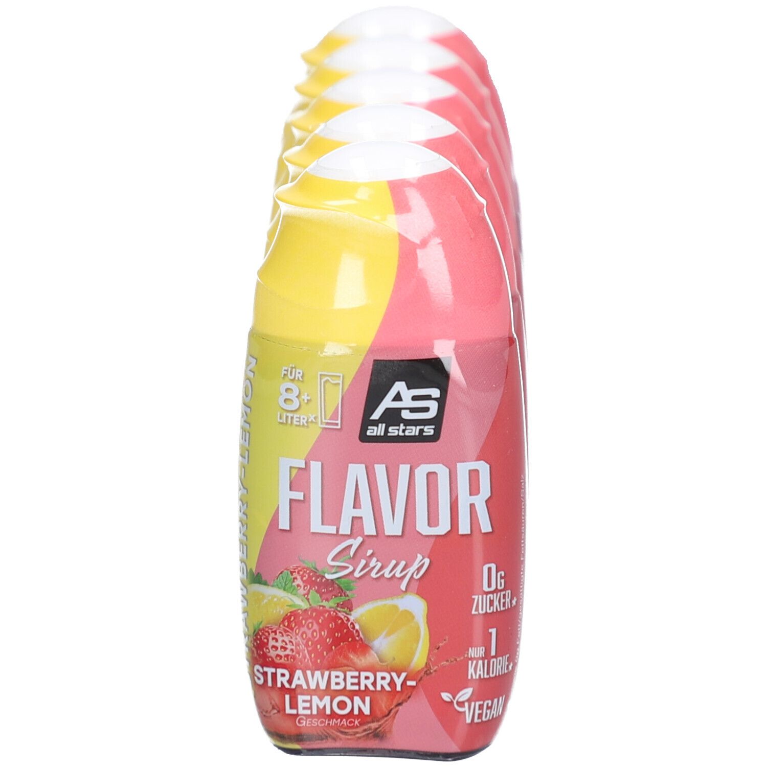Fünf Flaschen Sirup, Erdbeer-Zitrone, AS all stars. Gelb-rosa Flaschen, transparente Folie. Aufschrift: Flavor Sirup, 0g Zucker, 1 Kalorie.