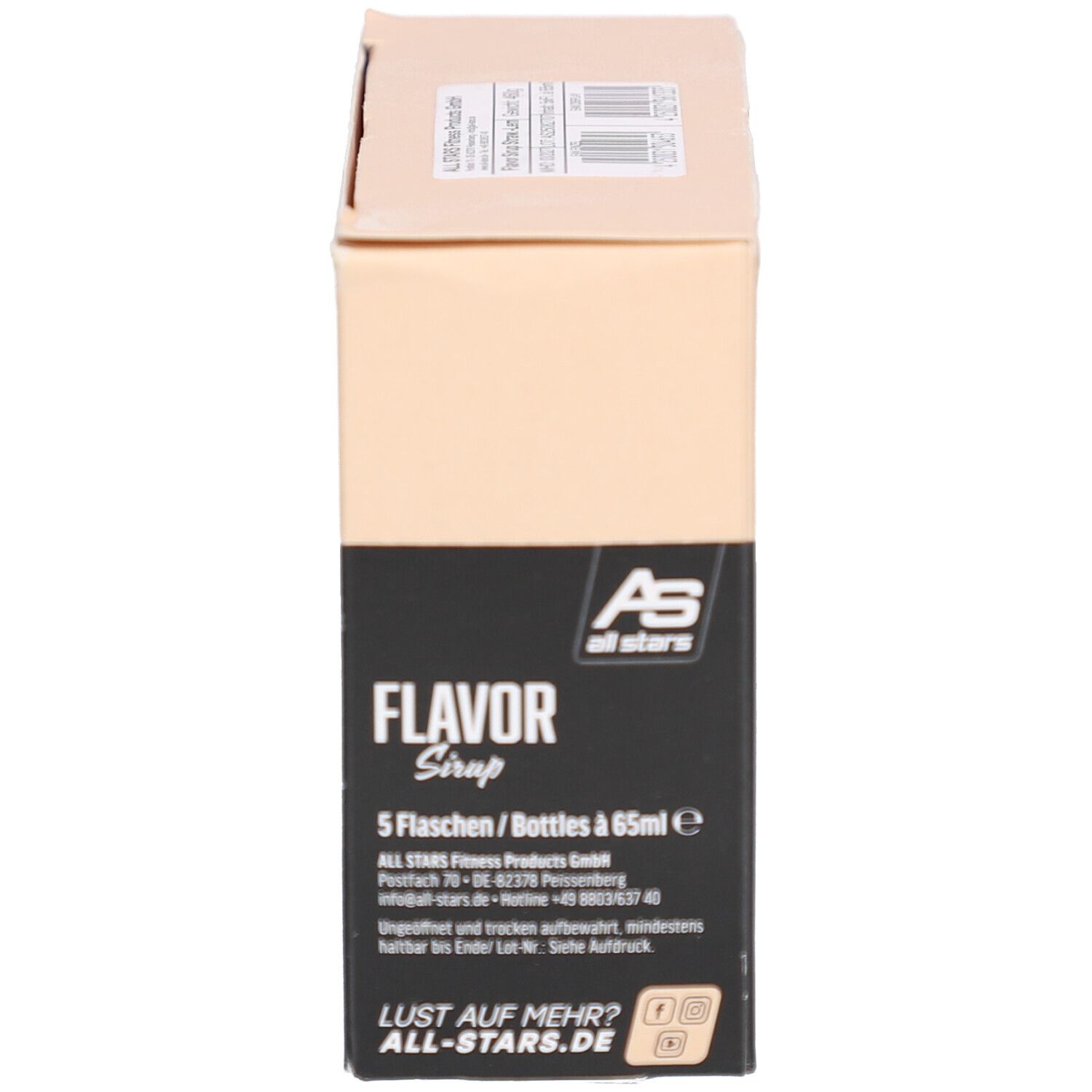 Karton mit Sirup-Flaschen. AS all stars, 5 Flaschen/Bottles à 65ml. Aufschrift: Flavor Sirup. Informationen zum Hersteller und Kontakt.