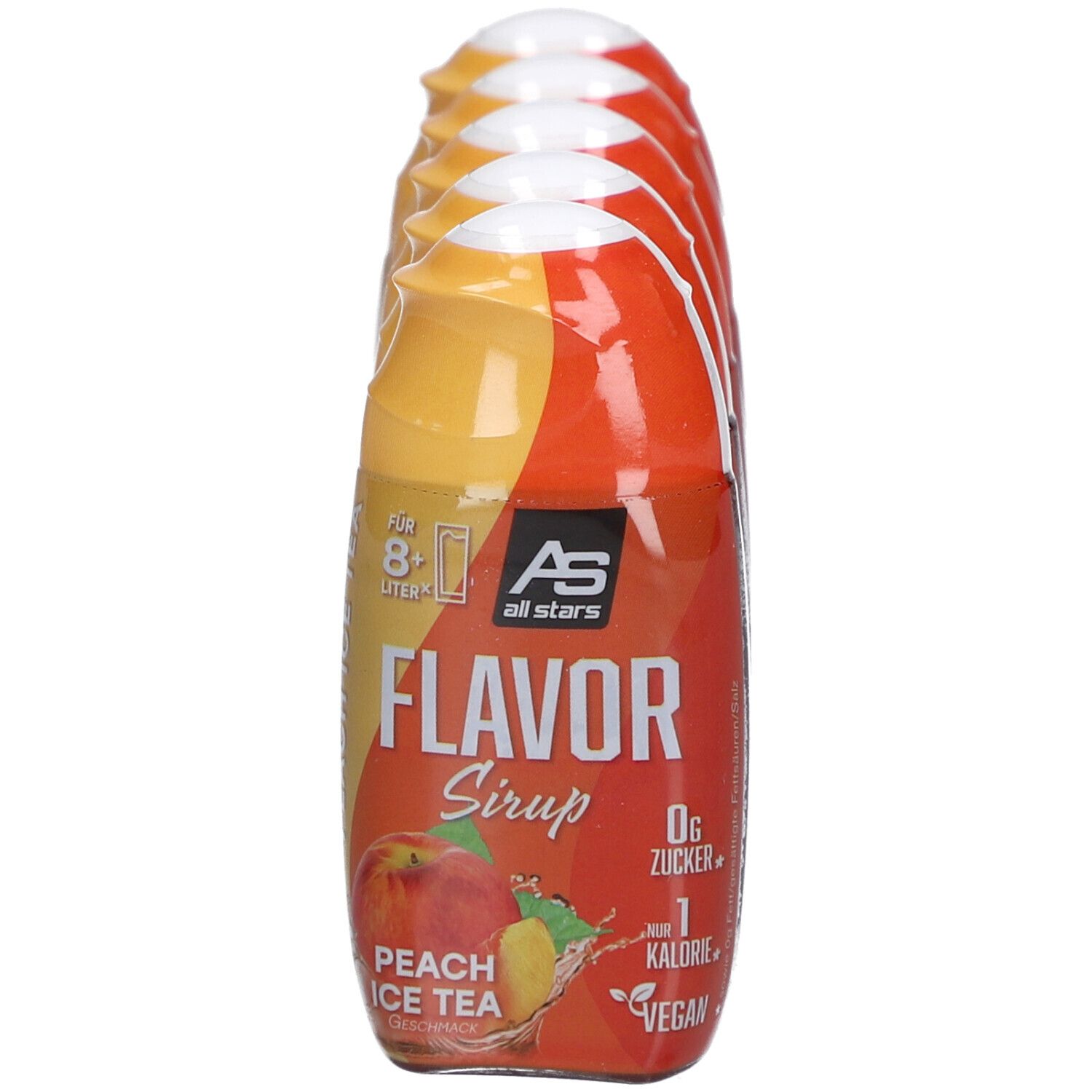 Fünf Fläschchen Sirup, gelb-orangefarben, in Folie verpackt. Aufdruck: Flavor Sirup Peach Ice Tea, 0g Zucker, 1 Kalorie, Vegan.