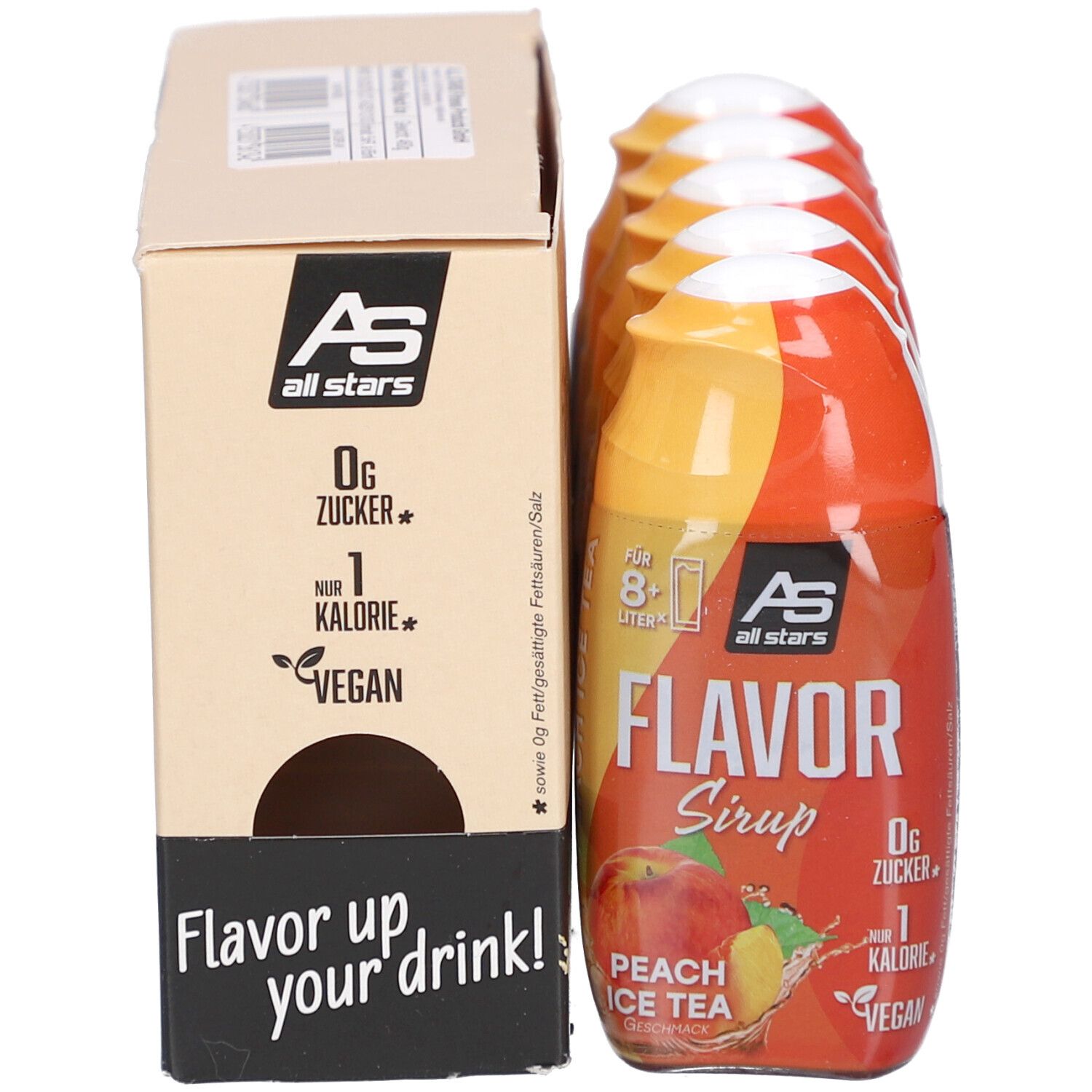 Karton mit fünf Sirup-Fläschchen. Karton mit Aufdruck: 0g Zucker, 1 Kalorie, Vegan. Fläschchen: Flavor Sirup Peach Ice Tea.
