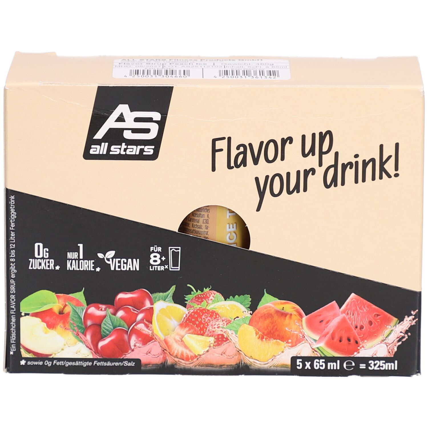 Karton mit fünf Fläschchen Sirup. Aufdruck: Flavor up your drink!, 0g Zucker, 1 Kalorie, Vegan. Abbildung von Früchten.