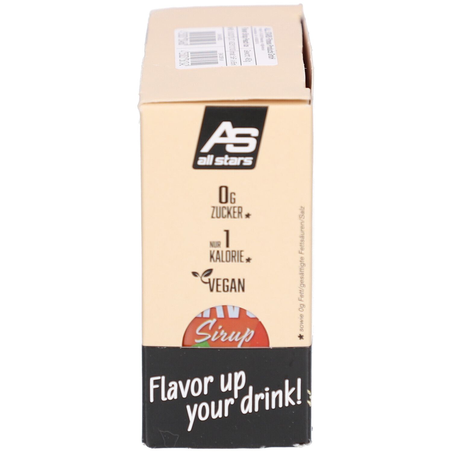 Karton mit Aufdruck: Flavor Sirup, 0g Zucker, 1 Kalorie, Vegan. Aufdruck: Flavor up your drink! Abbildung von Früchten.