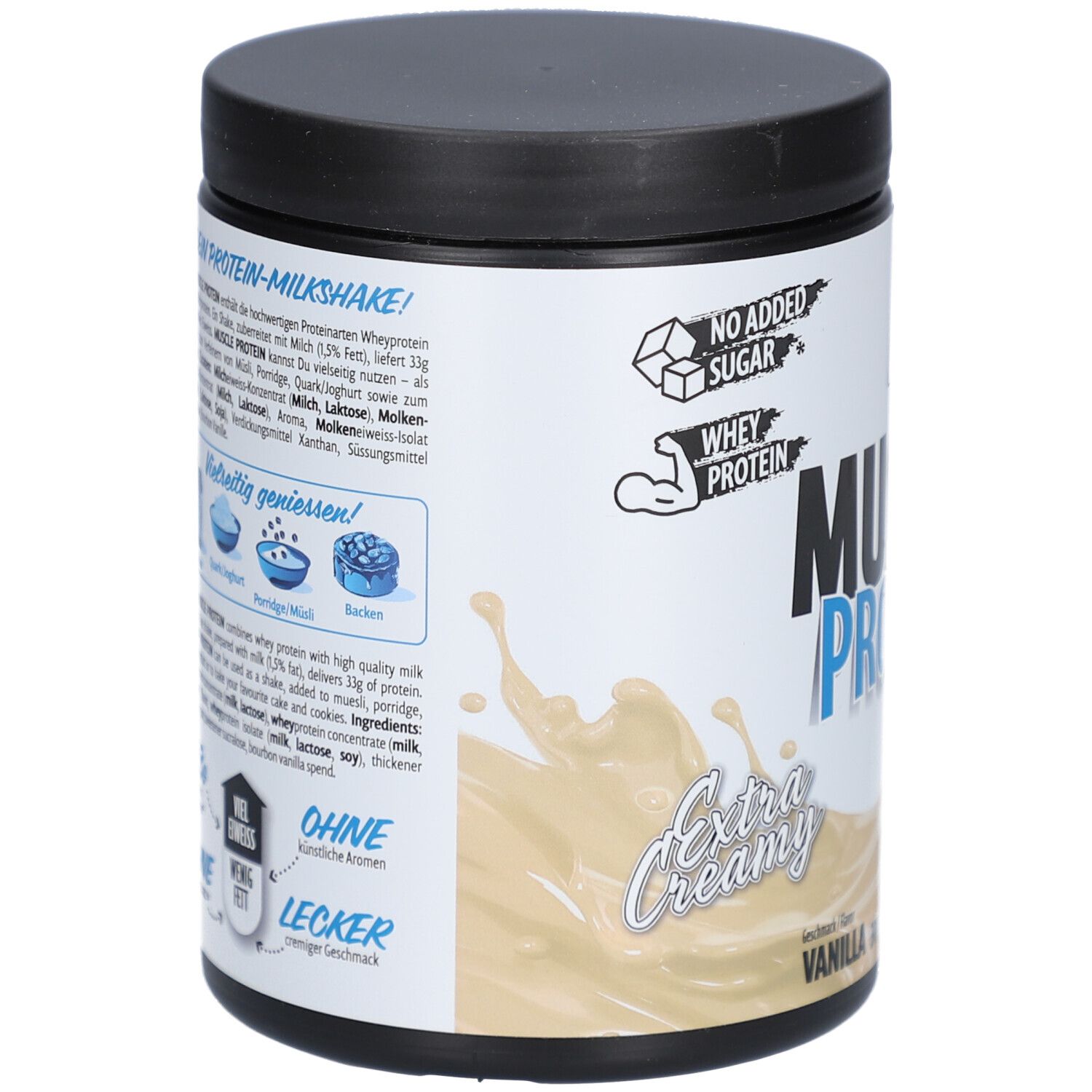 Behälter mit "all stars Muscle Protein"-Pulver. Aufschrift "Muscle Protein", "Vanille". Text über Inhaltsstoffe und Zubereitung.