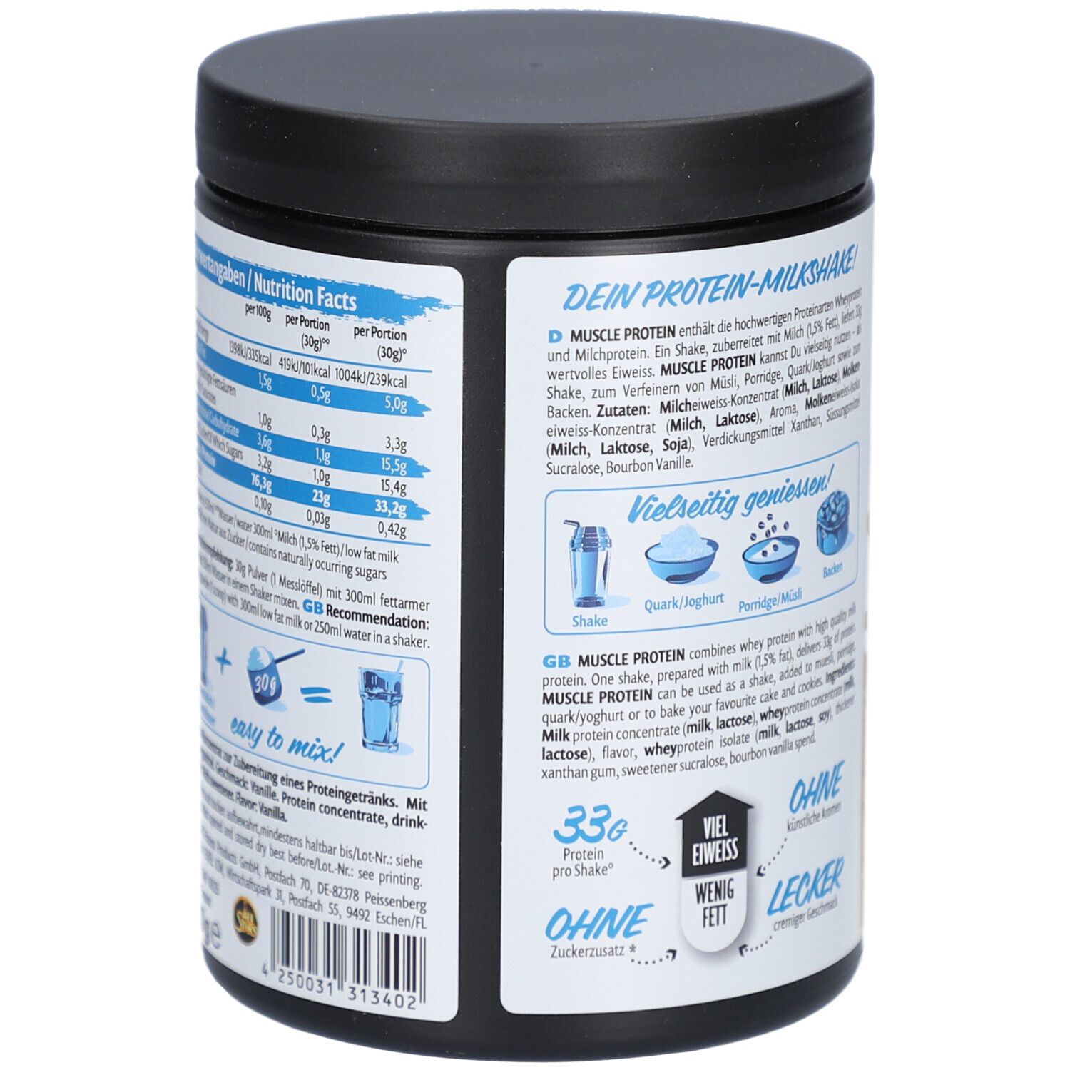 Rückseite des Behälters mit "all stars Muscle Protein". Nährwertangaben, Zubereitungshinweise, Inhaltsstoffe, und Logos.