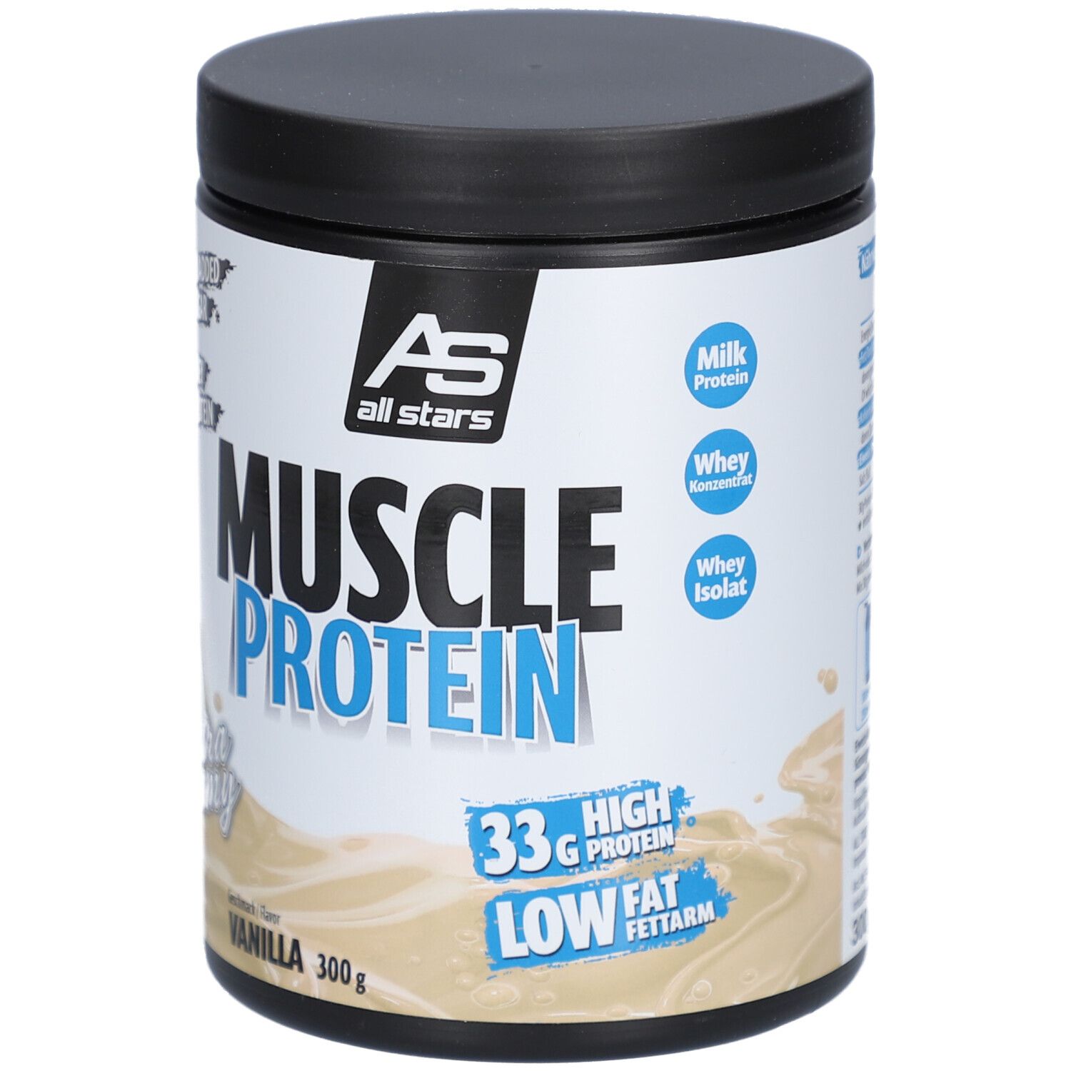 Behälter mit "all stars Muscle Protein"-Pulver. Aufschrift "Muscle Protein", "Vanille", "33g Protein", "Low Fat".