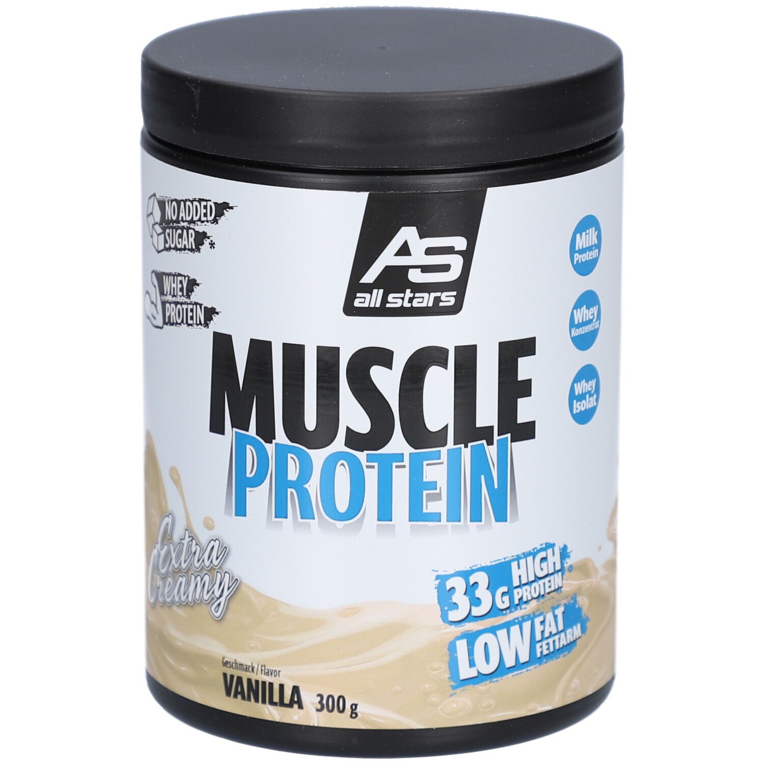 Behälter mit "all stars Muscle Protein"-Pulver. Aufschrift "Muscle Protein", "Vanille", "33g Protein", "Low Fat".