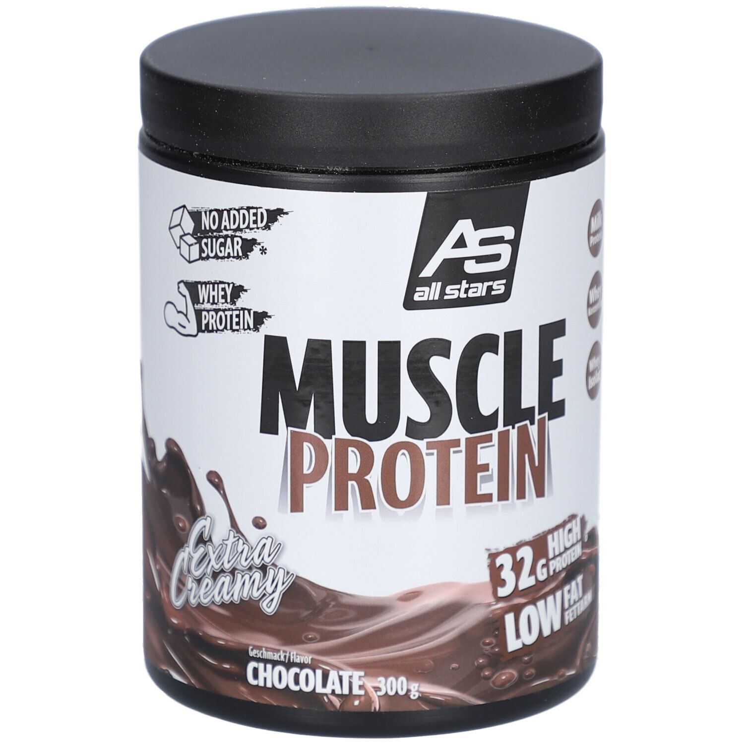 Dose mit schwarzem Deckel. Aufschrift: MUSCLE PROTEIN, Extra Creamy, Chocolate. Enthält 32g Protein, Low Fat. AS all stars Logo.