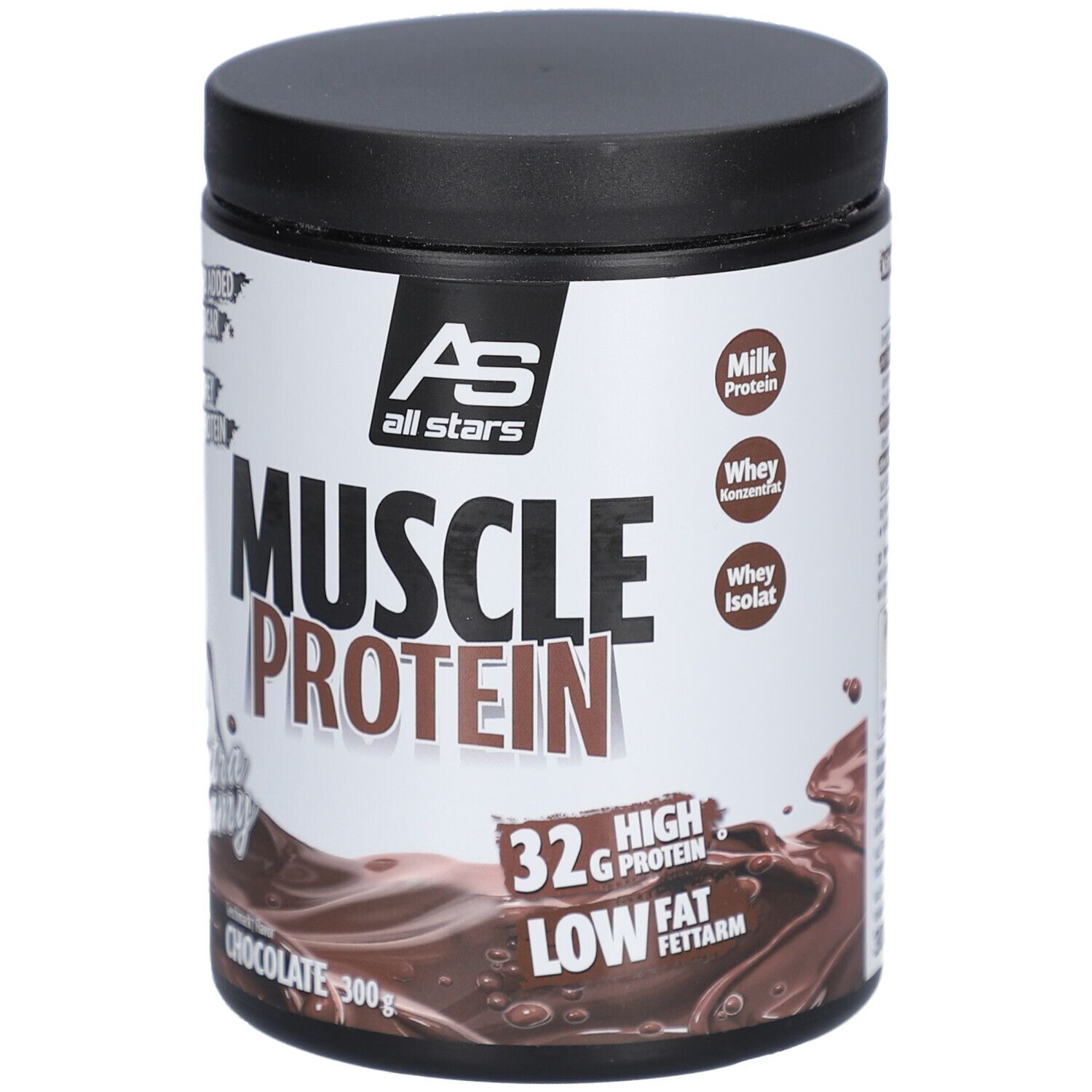 Dose mit schwarzem Deckel. Aufschrift: MUSCLE PROTEIN, Chocolate. Enthält 32g Protein, Low Fat. AS all stars Logo. 300g.