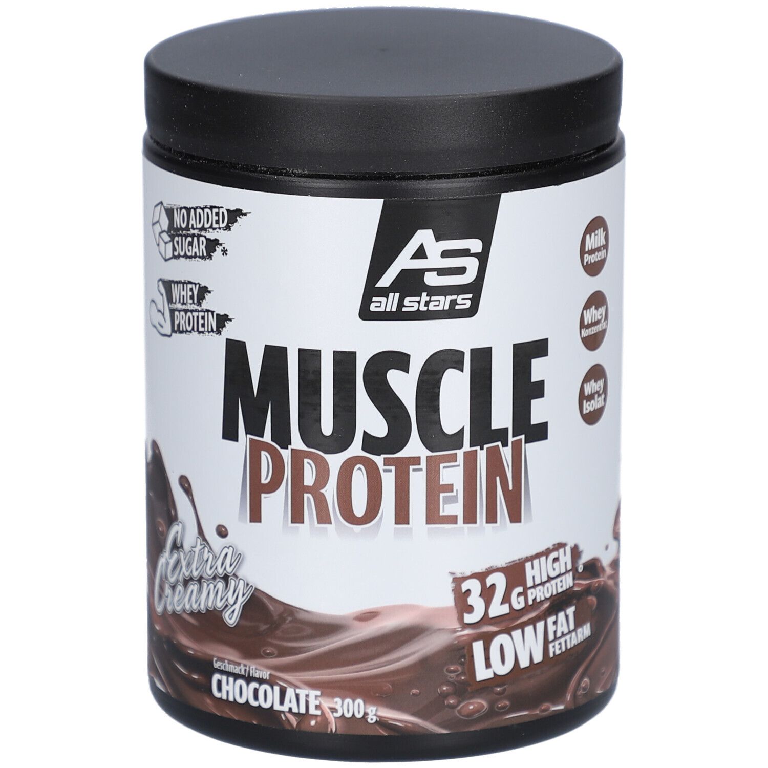 Dose mit schwarzem Deckel. Aufschrift: MUSCLE PROTEIN, Chocolate. Enthält 32g Protein, Low Fat. AS all stars Logo. 300g.