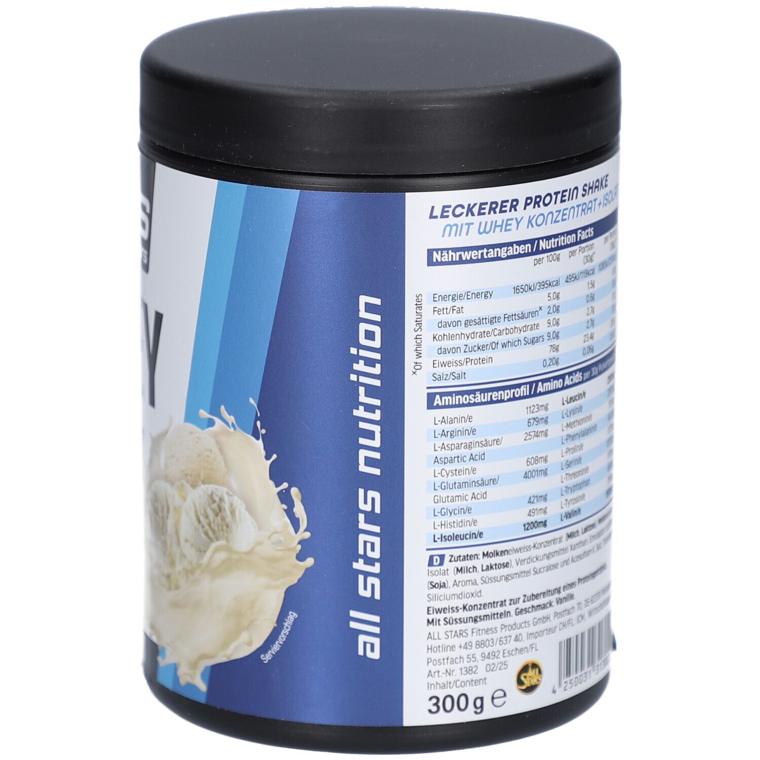 Dose mit schwarzem Deckel. Aufschrift: WHEY Protein, Milky Vanilla. AS All Stars Logo. 300g. Nährwertangaben und Aminosäuren. Blaue Designelemente.
