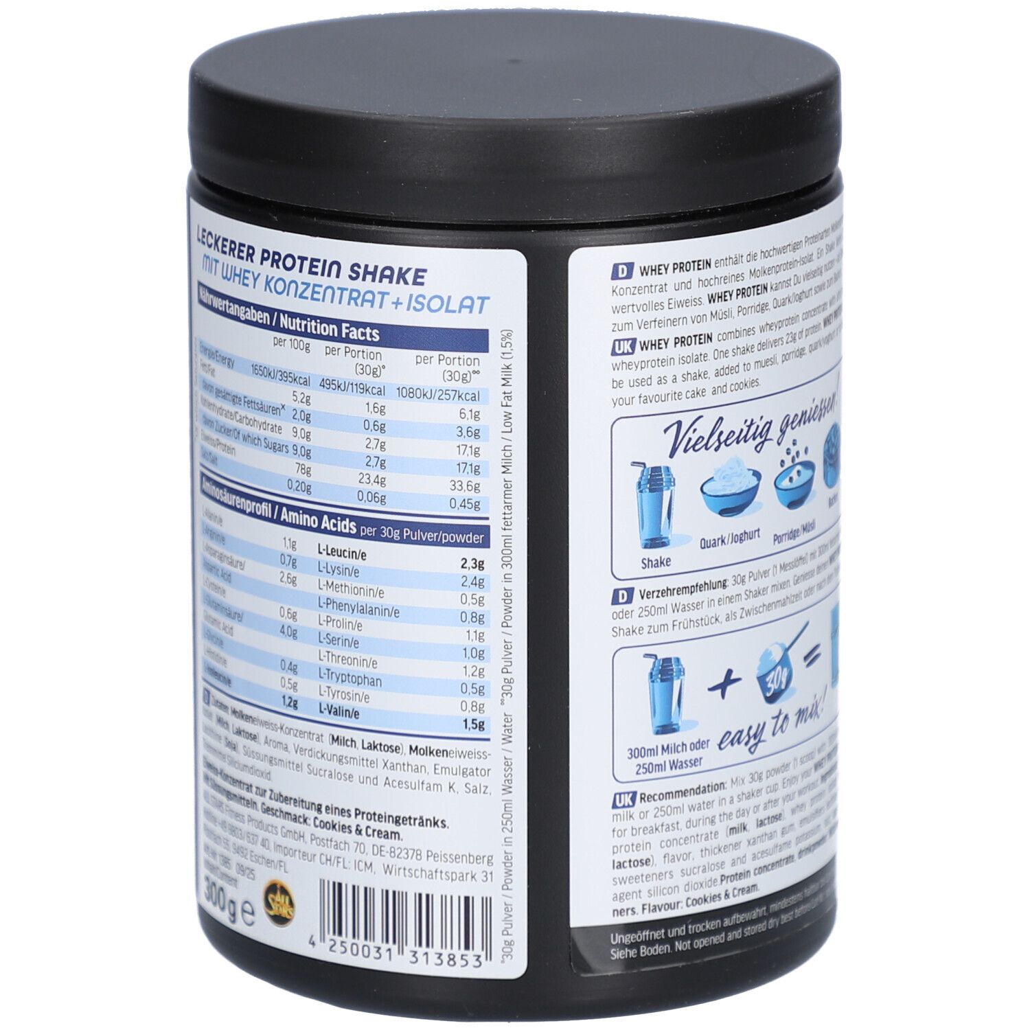 Zylinderdose mit schwarzem Deckel. Rückseite mit Nährwertangaben und Aminosäuren. Enthält 300g. Geschmack: Cookies & Cream.