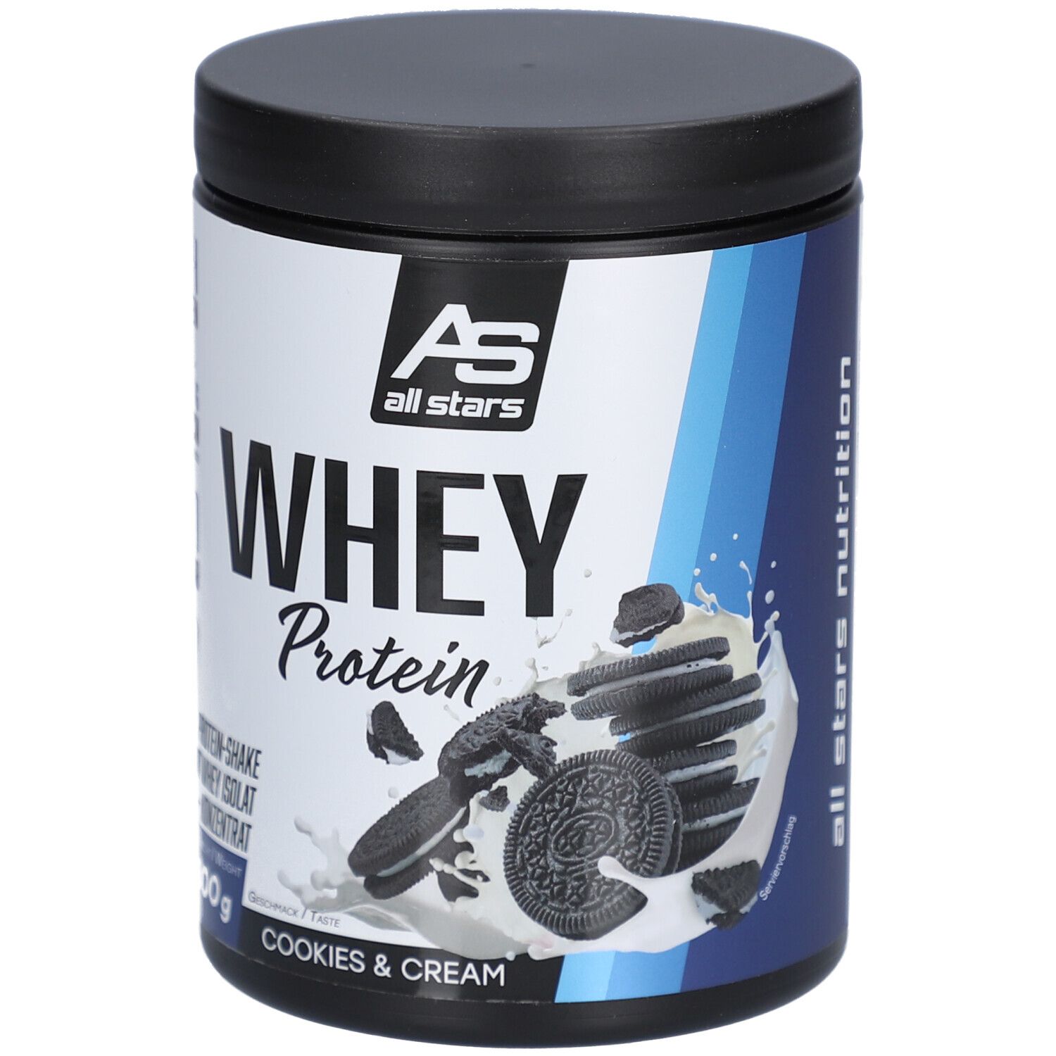 Zylinderdose mit schwarzem Deckel. Aufschrift: Whey Protein, Cookies & Cream. Marke: All Stars. Enthält 300g.