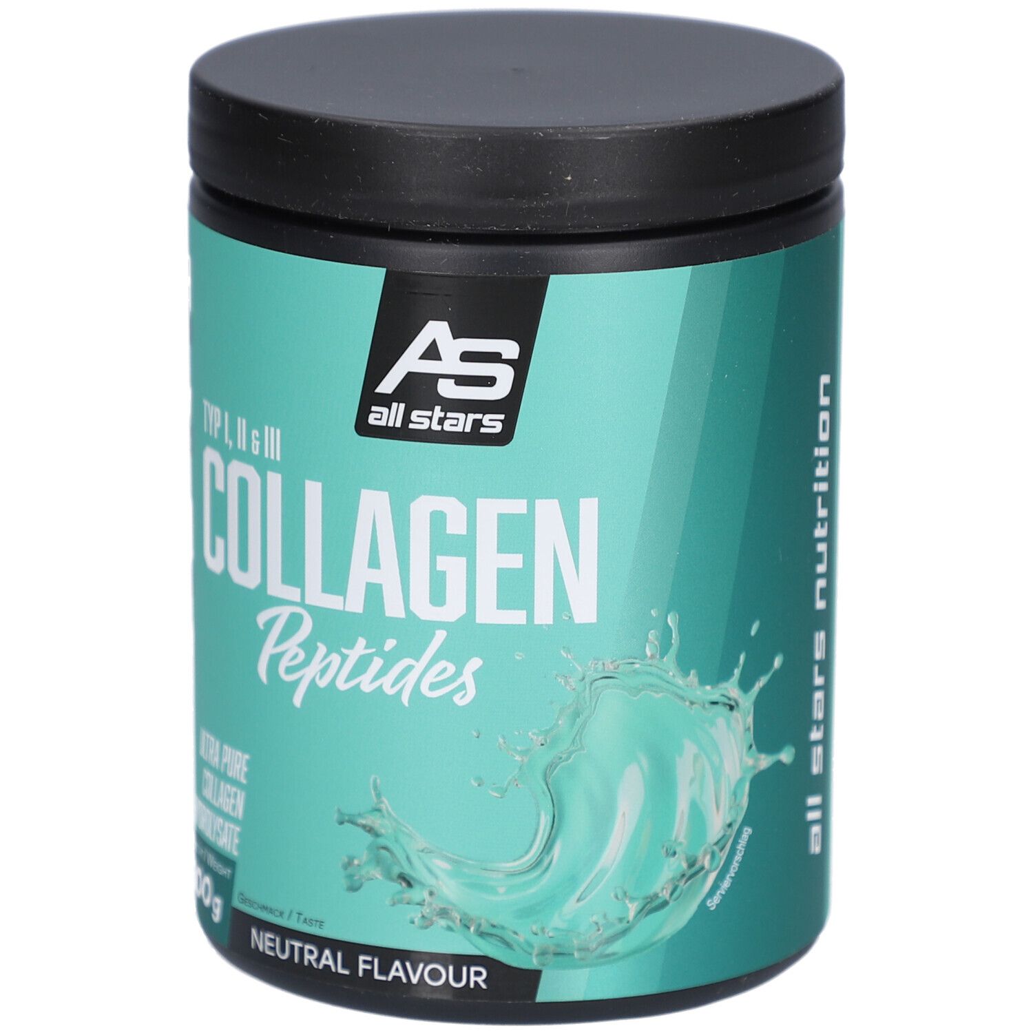 Runde Dose mit schwarzem Deckel. Aufschrift: All Stars Kollagen Peptide, Typ I, II, III. 300g, neutraler Geschmack.