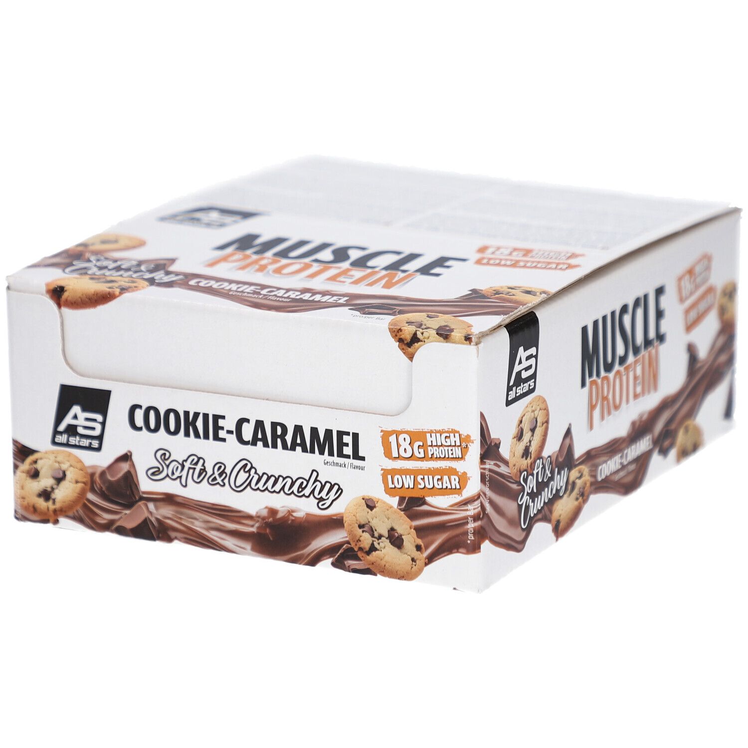Verpackung mit Proteinriegeln. Aufschrift: Cookie-Caramel, Soft & Crunchy, 18g Protein, Low Sugar. Marke: All Stars.