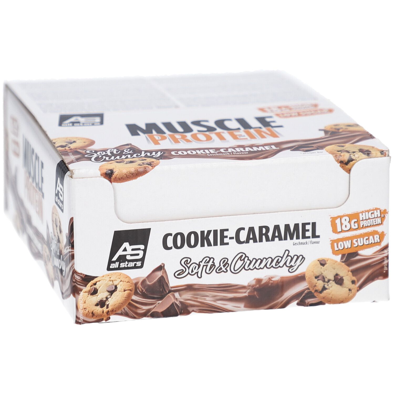 Verpackung mit Proteinriegeln. Aufschrift: Cookie-Caramel, Soft & Crunchy, 18g Protein, Low Sugar. Marke: All Stars.