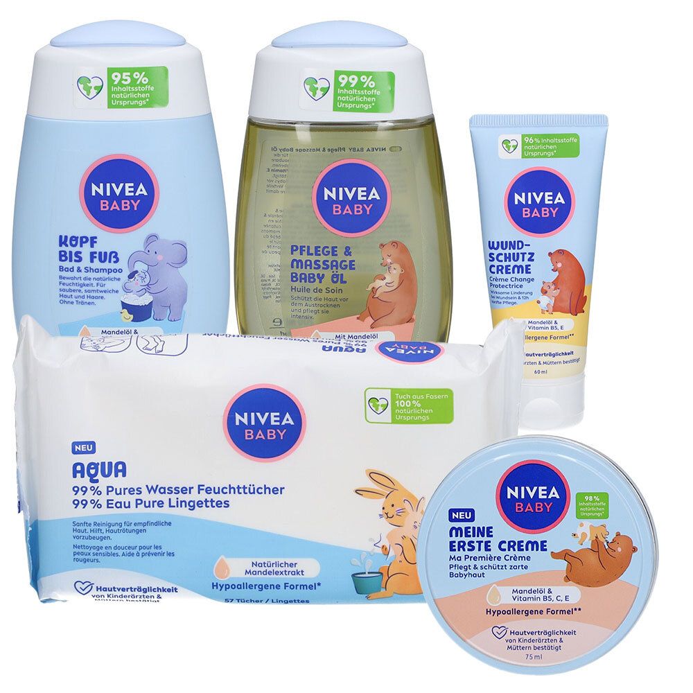 Nivea Baby Starter Set M. Enthält Flaschen, Creme, Feuchttücher. Verpackung mit Logo und Illustrationen. Hypoallergene Formel.
