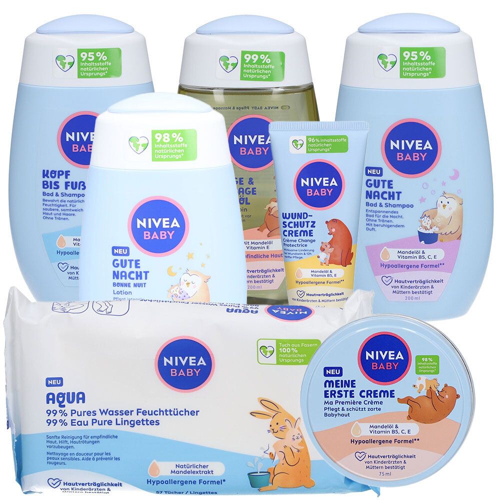 Nivea Baby Starter Set L. Mehrere Baby-Pflegeprodukte: Flaschen, Creme, Tücher. Blaue und weiße Verpackungen. Logos und Text.