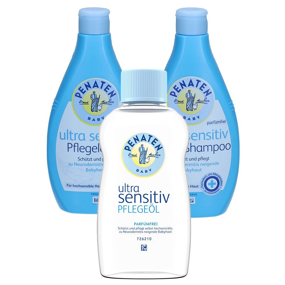 Drei Baby-Pflegeprodukte: zwei blaue Flaschen und eine weiße Flasche. Aufschrift: PENATEN BABY, ultra sensitiv.