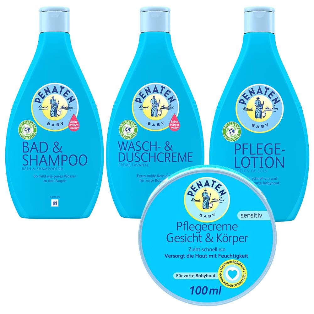 Drei blaue Flaschen und eine Dose. Auf den Flaschen steht "Penaten Baby". Auf der Dose steht "Pflegecreme Gesicht & Körper".