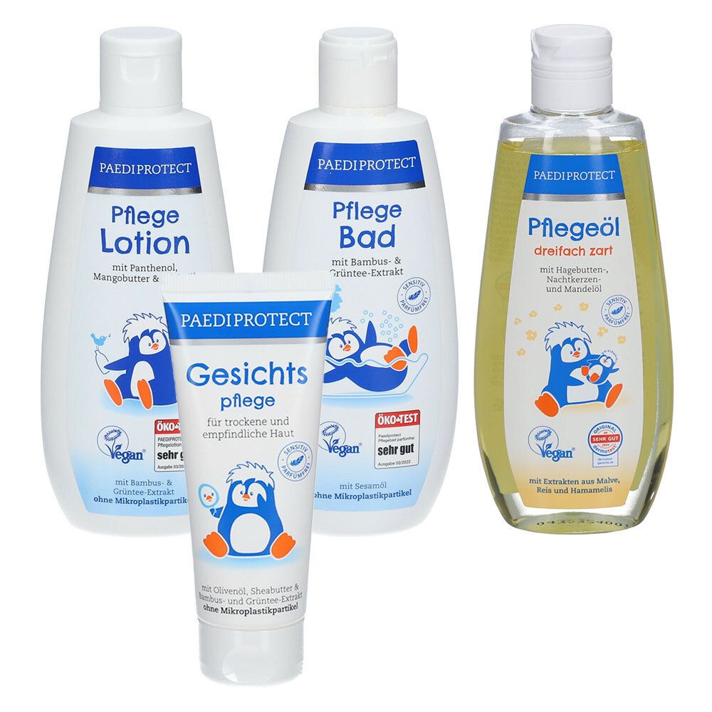 Vier Produkte des Sets Paediprotect. Lotion, Bad, Pflegeöl und Gesichtspflege. Alle mit Pinguin-Illustrationen und Produktnamen.