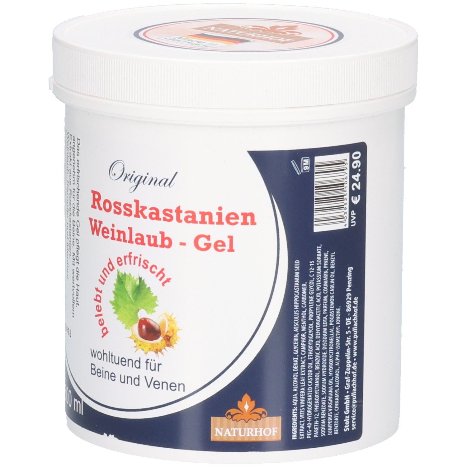 Weißer Tiegel mit Deckel. Aufschrift: Original Rosskastanien Weinlaub-Gel. Abbildung von Kastanie und Blatt. Text: wohltuend für Beine und Venen. Preis.